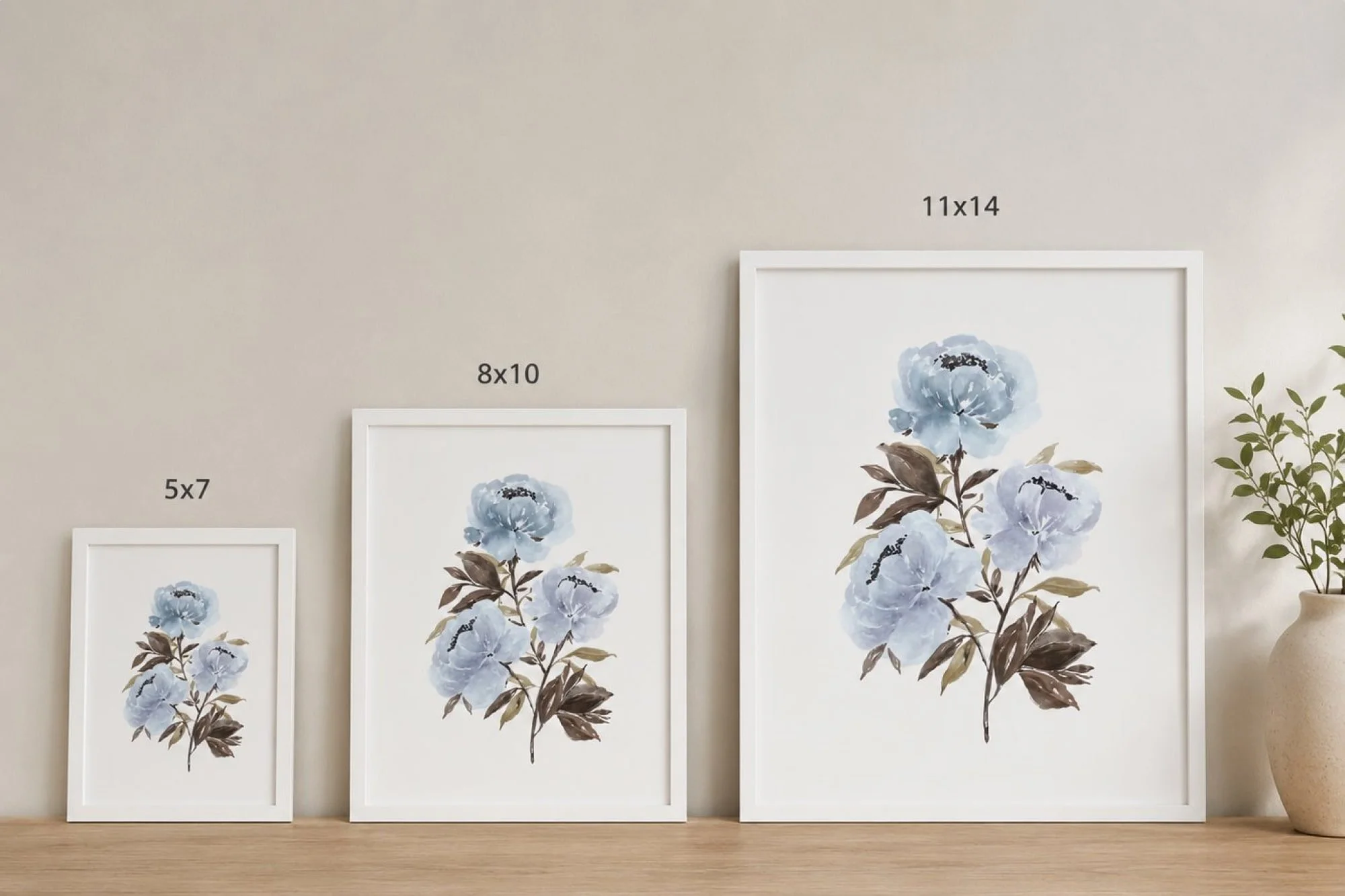 Three framed watercolor art prints in 5x7, 8x10, and 11x14 sizes lined up side by side to compare