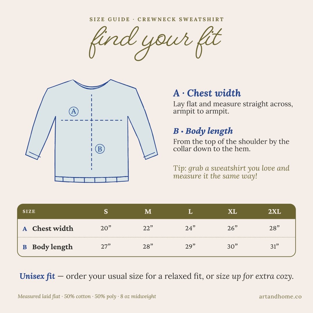 Unisex crewneck sweatshirt size guide with chest width and body length for S to 2XL