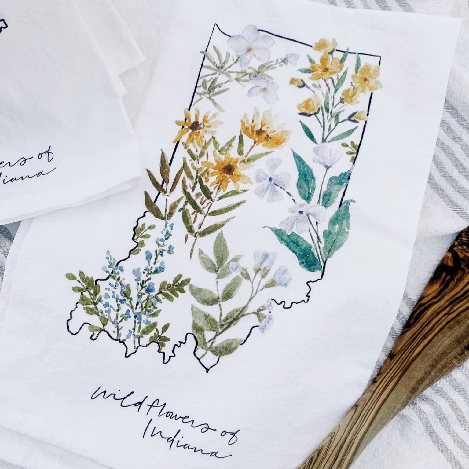 State of Indiana Wildflowers Tea Towel — handmade moving away gift by Indiana artist Jess — artandhomeco