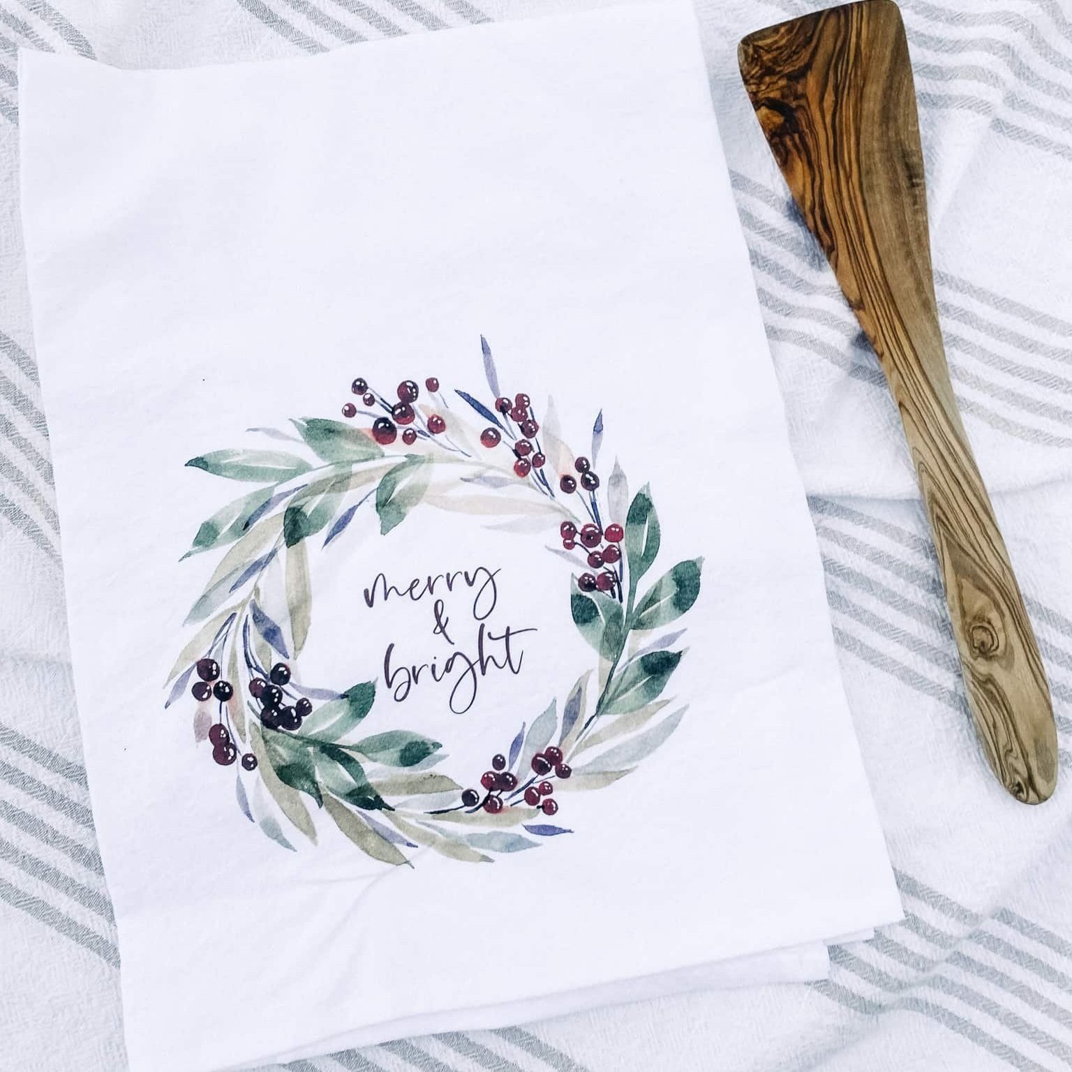 Merry and Bright Tea Towel — handmade holiday hostess gift by Indiana artist Jess — artandhomeco