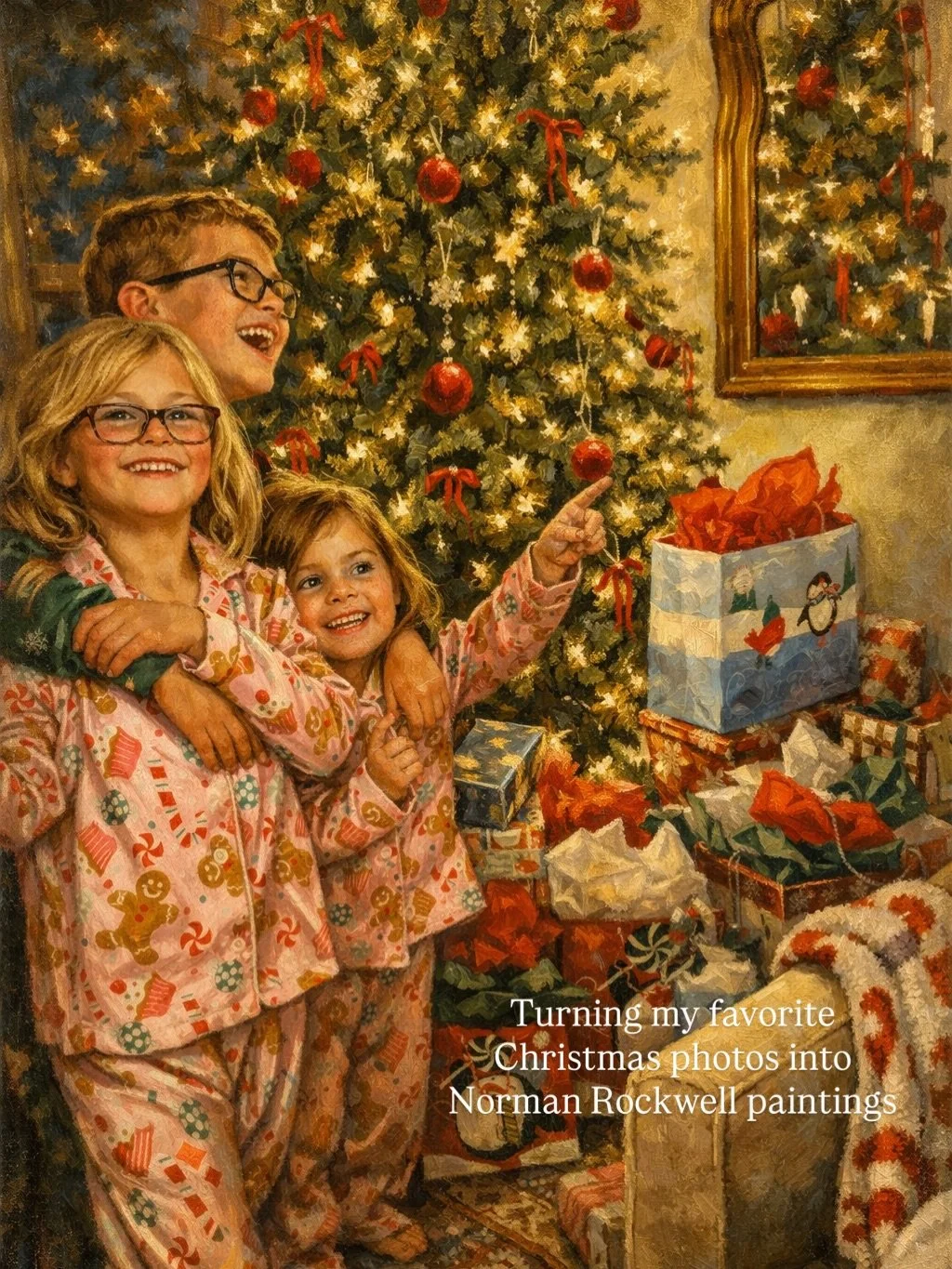 My favorite trend right now!! If you haven&rsquo;t done this yet try it!! I&rsquo;m gonna print these and frame them in vintage frames for next years Christmas decor 🥹🎄🎅 
Scroll for the how to prompt and the AI fail at the end 😂