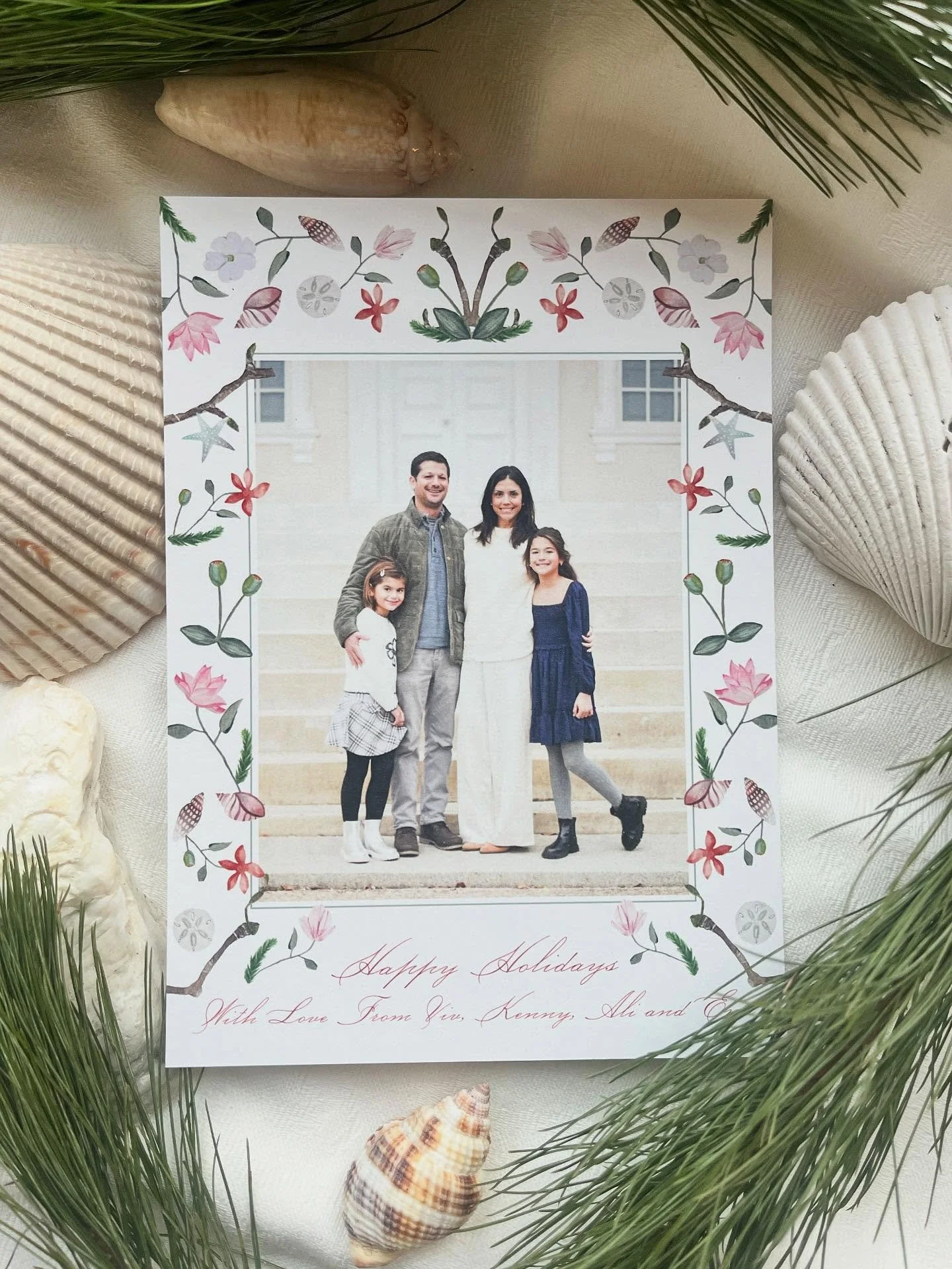 One of my favorite cards this year! An ode to my love of shells and the shore 🐚 with a mix of Christmas greenery and florals