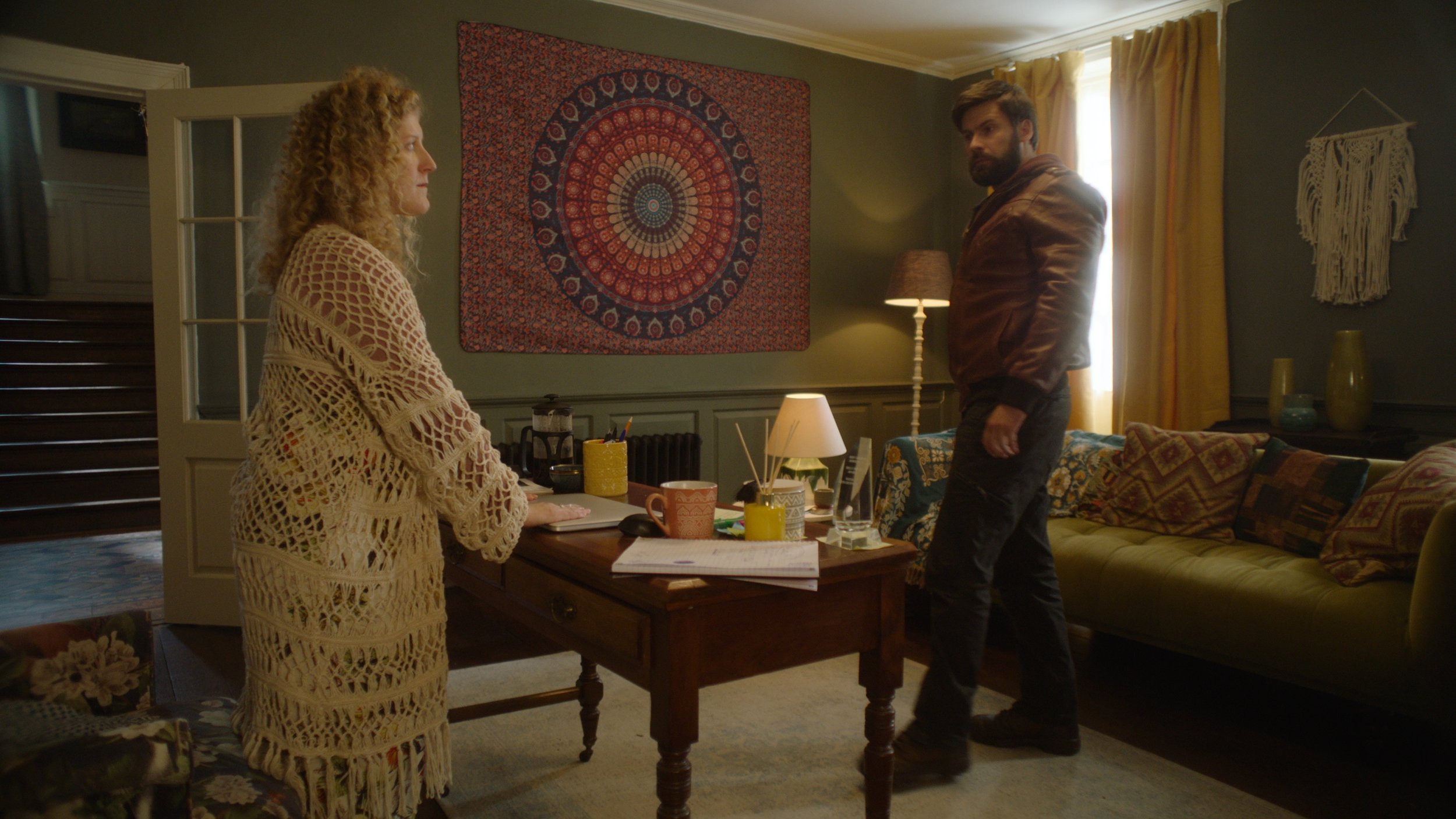 Leigh Quinn as Beth and Mark Rowley as Rhys