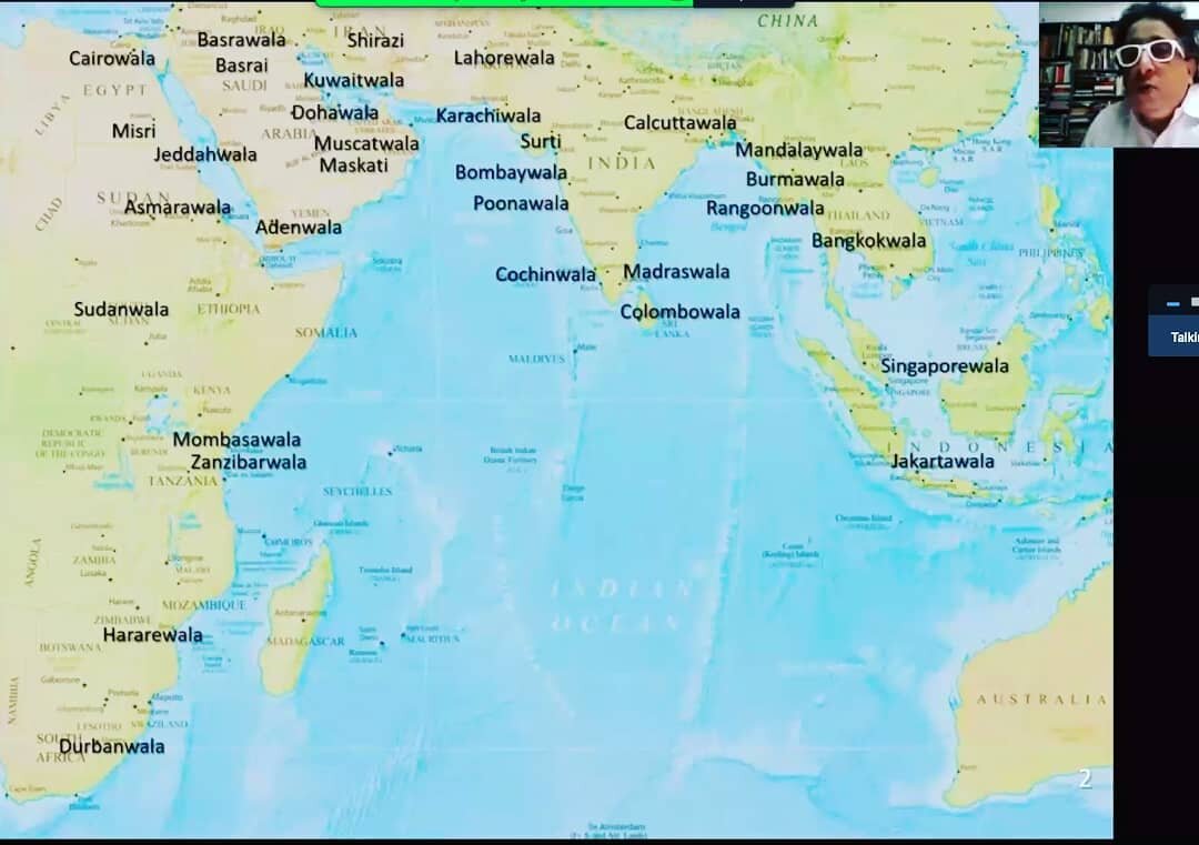 Professor Mustansir Dalvi just presented a fascinating talk about the multiple &amp; surprising ways in which cities across the Indian Ocean region are connected; through trade, architecture, movies, movement. The first map is an ingenious tracking o