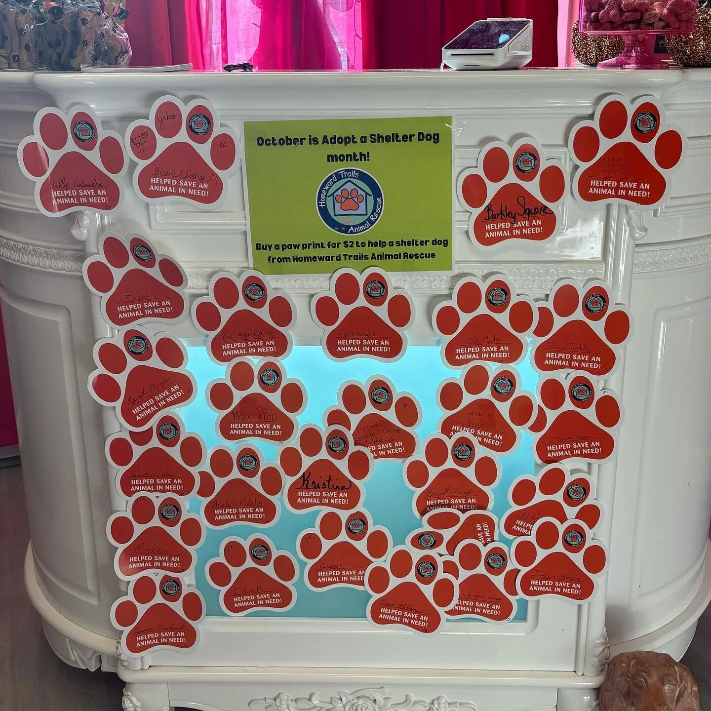 October is adopt a shelter dog month! Come help us raise money for @homewardtrailsrescue by donating 2 dollars for a paw print 🐾🩷 &ldquo;Approximately 6.3 million companion animals enter U.S. animal shelters nationwide every year. Of those, approxi