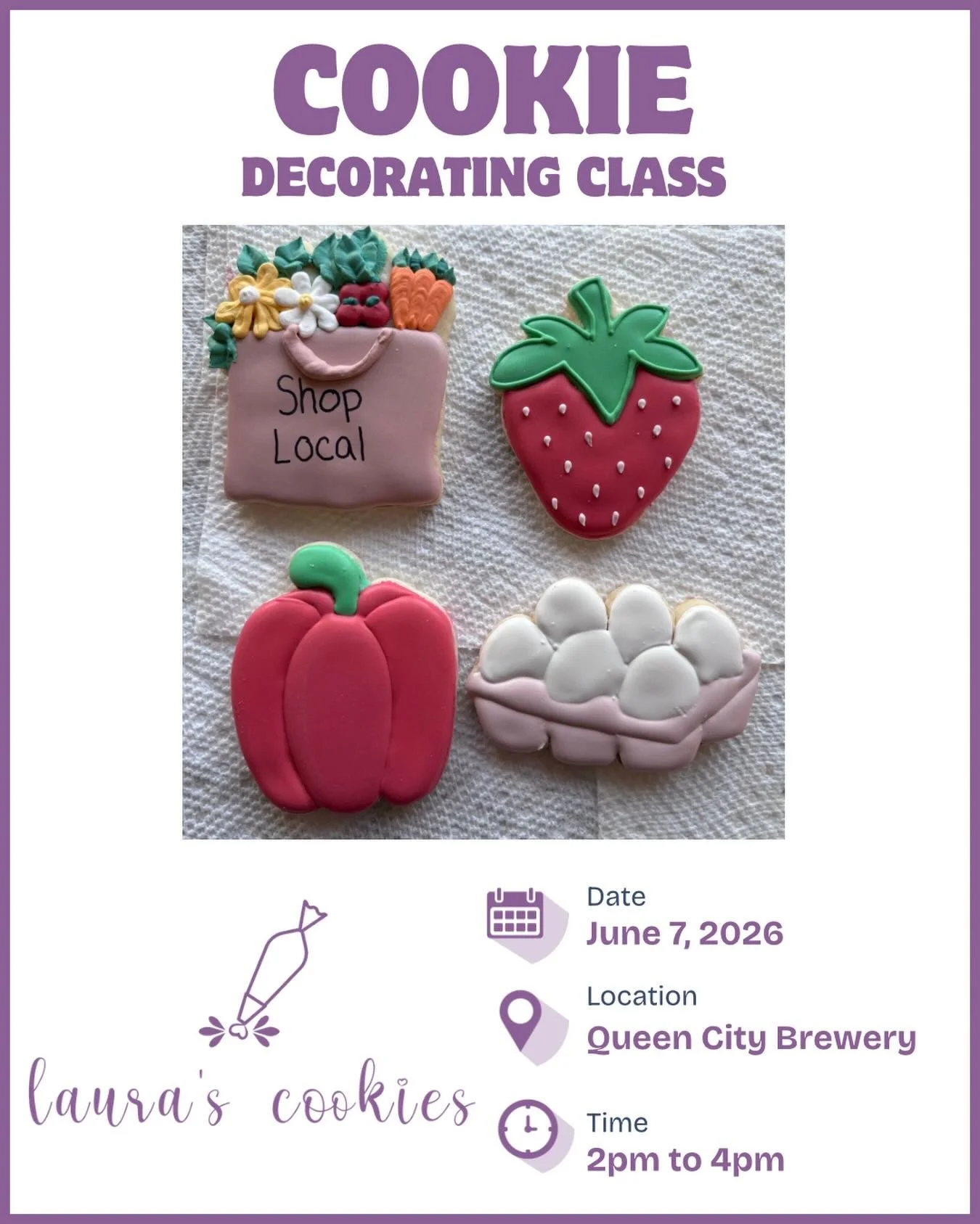 June Cookie Decorating class tickets are now available! Join me at @queencitybrewery on June 7th for a Farmers Market inspired themed cookie class! 

Ticket Pricing:
- Cookie Decorator - $65 - This is a standard ticket for class.
- Pair of Decorators