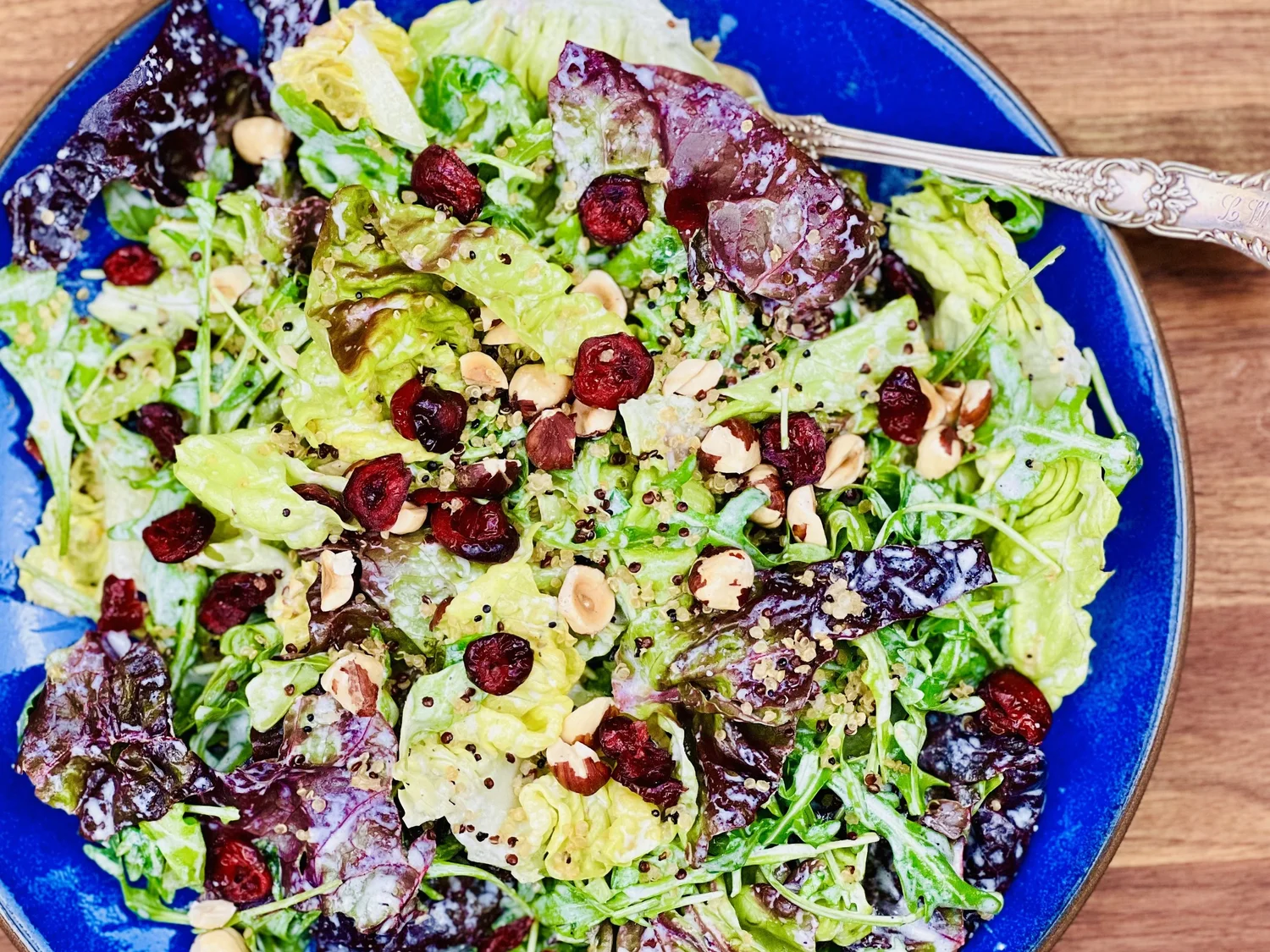 Butter Lettuce and Arugula Salad with Hazelnuts and Crispy Quinoa (Low