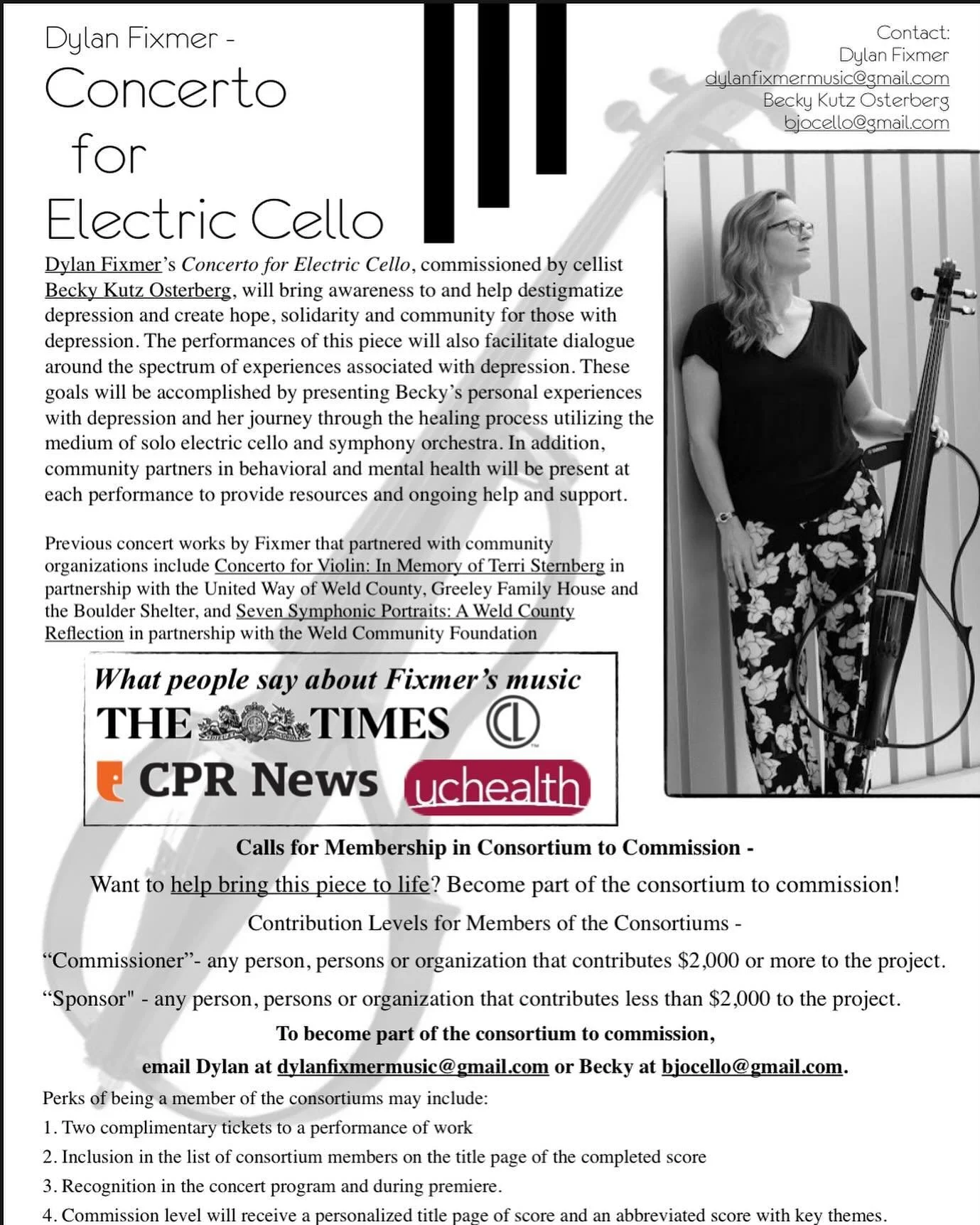 Do you want to be part of the creation of a new concerto for electric cello that will bring awareness to the struggles of those experiencing depression? You can by being part of the consortium to commission! Check out more info in the graphic to be a