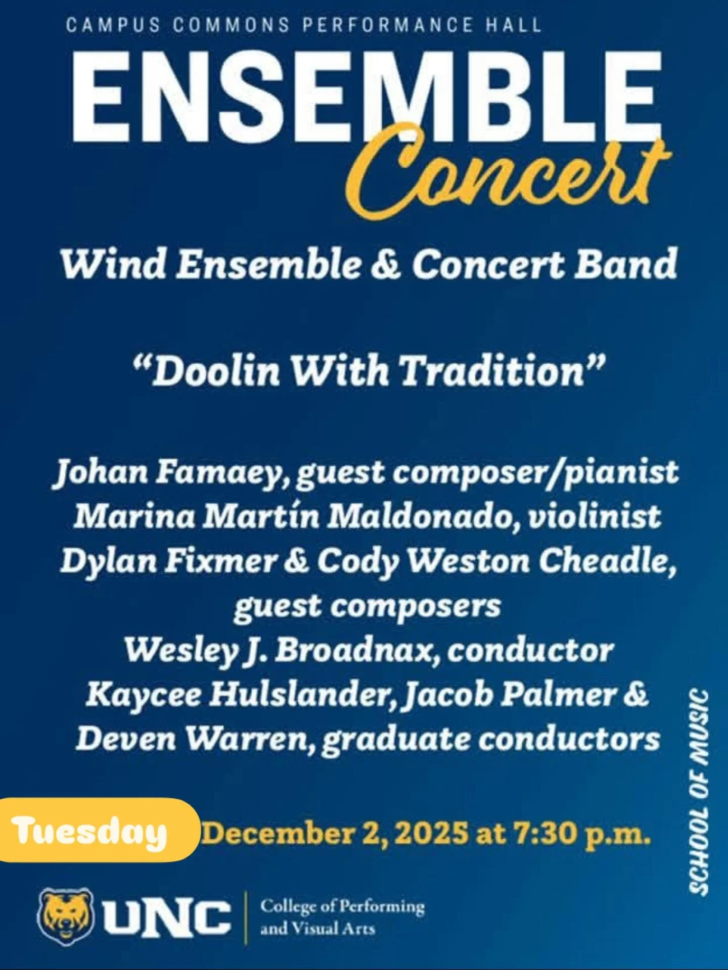 Dr, Broadnax and the UNC Wind Symphony have done such a wonderful job bringing my &ldquo;Evenings in Doolin&rdquo; to life! Can&rsquo;t wait for the premiere on Tuesday! 😊🎶💚
