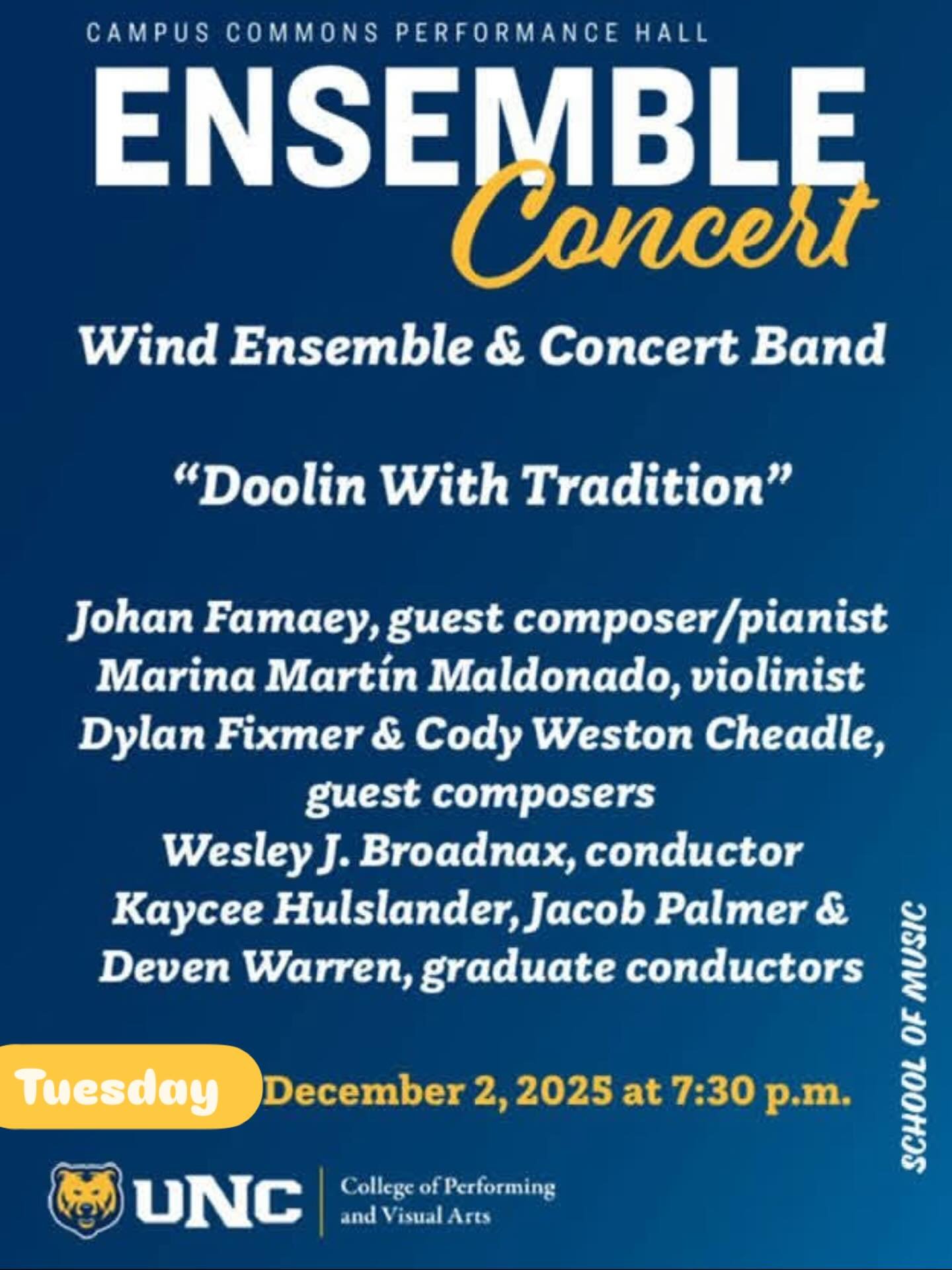 Dr, Broadnax and the UNC Wind Symphony have done such a wonderful job bringing my &ldquo;Evenings in Doolin&rdquo; to life! Can&rsquo;t wait for the premiere on Tuesday! 😊🎶💚