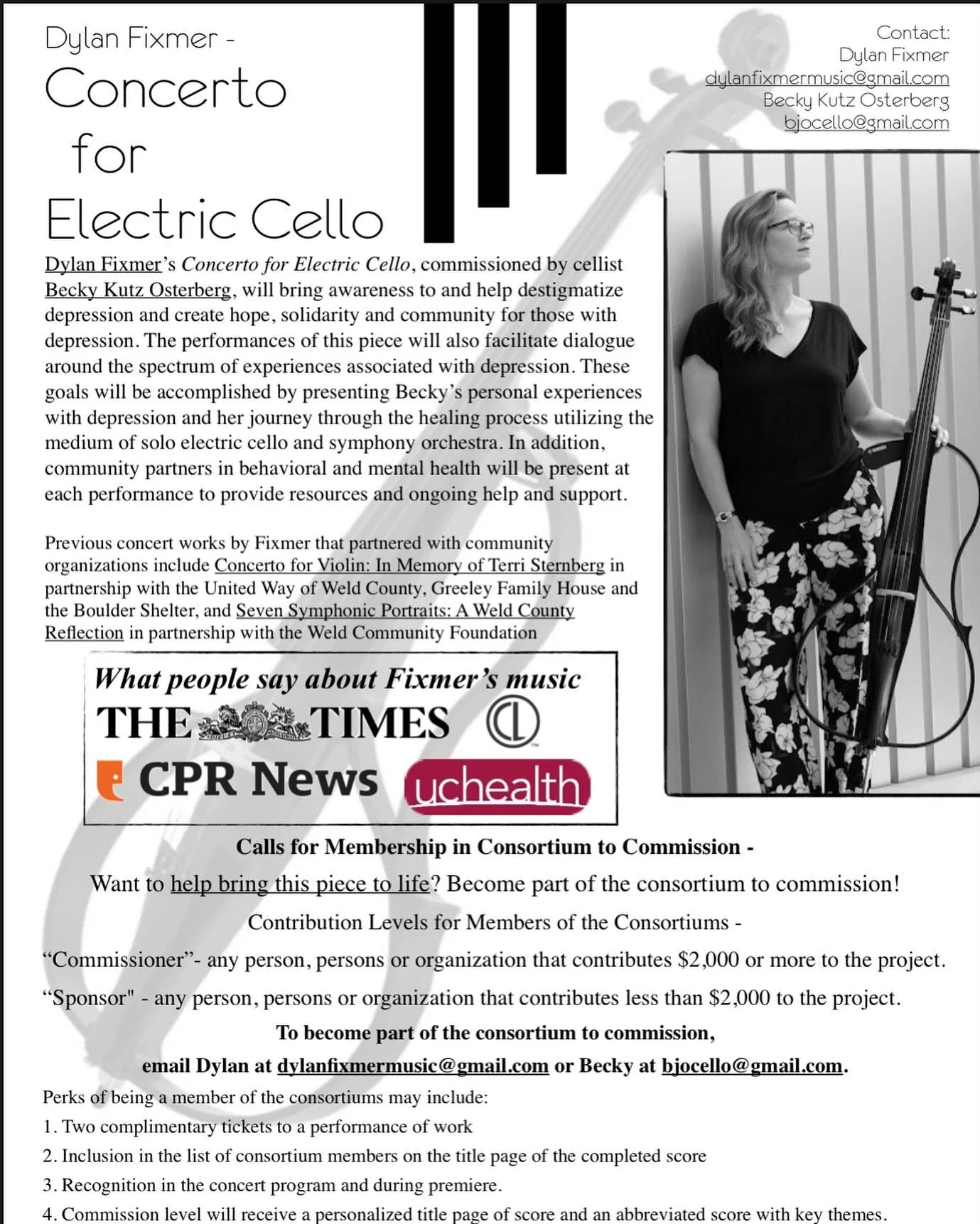 Do you want to be part of the creation of a new concerto for electric cello that will bring awareness to the struggles of those experiencing depression? You can by being part of the consortium to commission! Check out more info in the graphic to be a