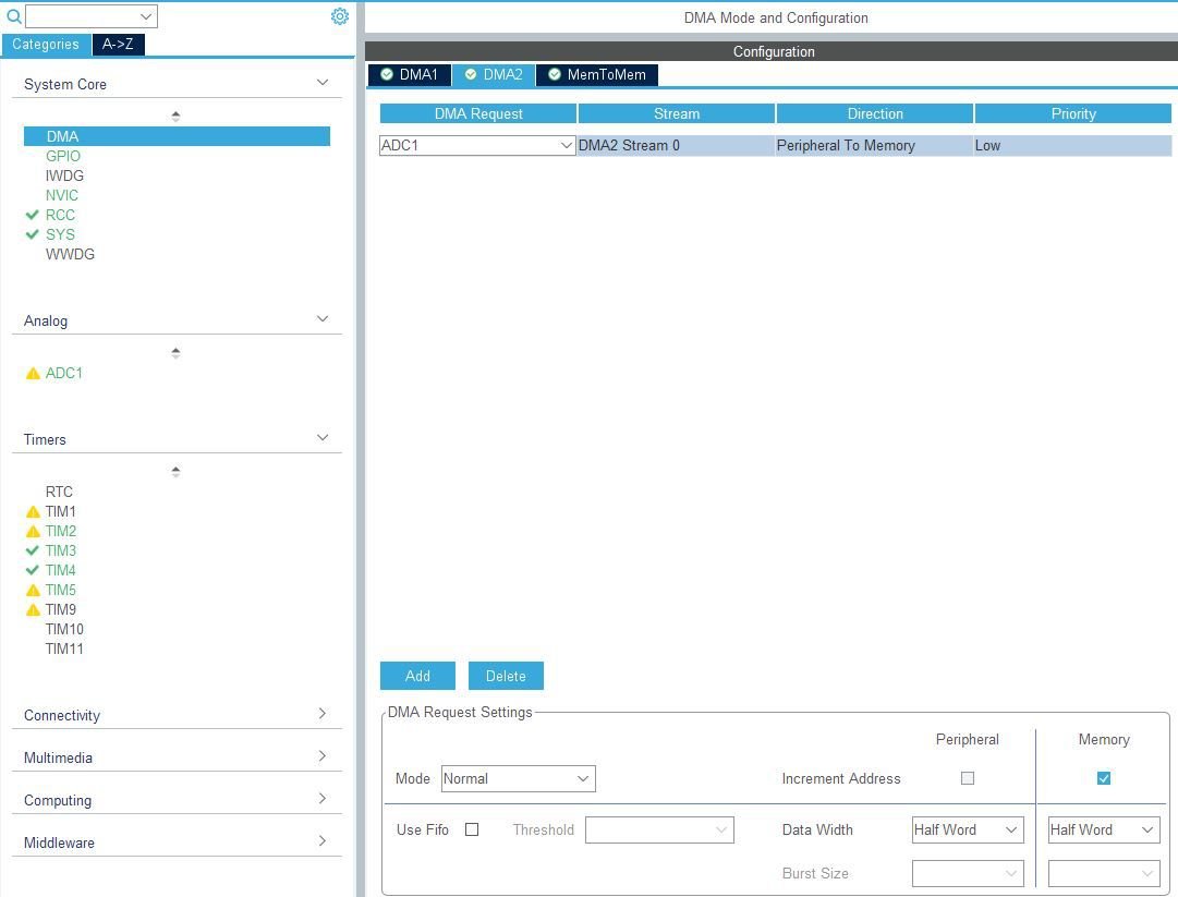 14. Select DMA and add ADC1 to DMA2.