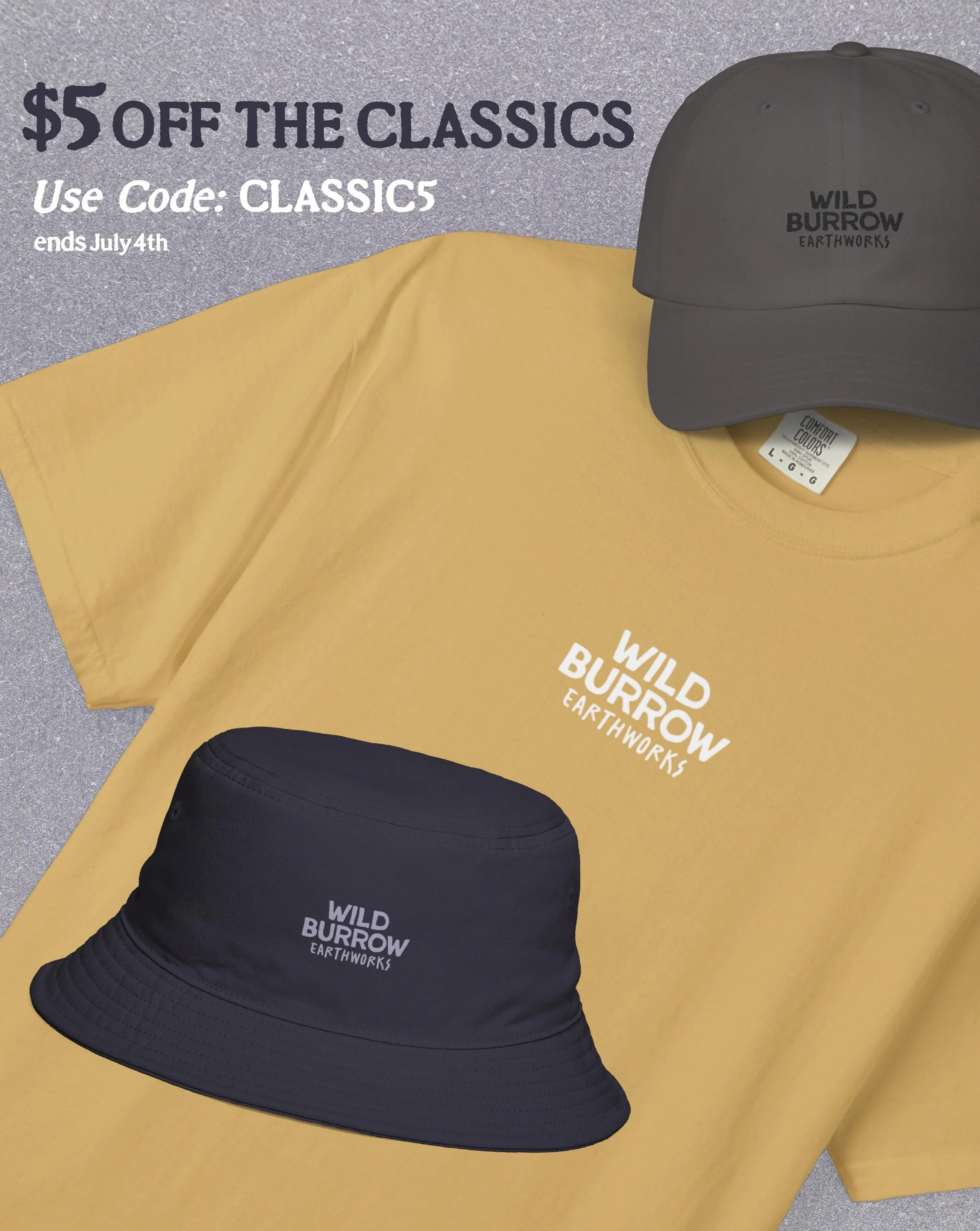 Fresh threads! 🌿

Classic logo tees, caps, and bucket hats in earthy colors built to go wherever the trail takes you.

Take $5 OFF all Classics - click &ldquo;Classics&rdquo; in the filters
Use code: CLASSIC5
Ends July 4th

Shop now at wildburrowear