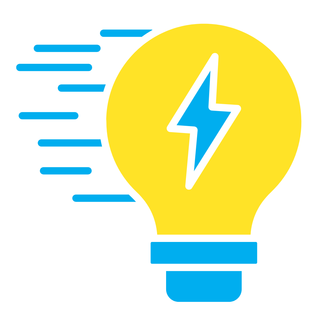 cartoon stylized lightbulb with lightening bold in center
