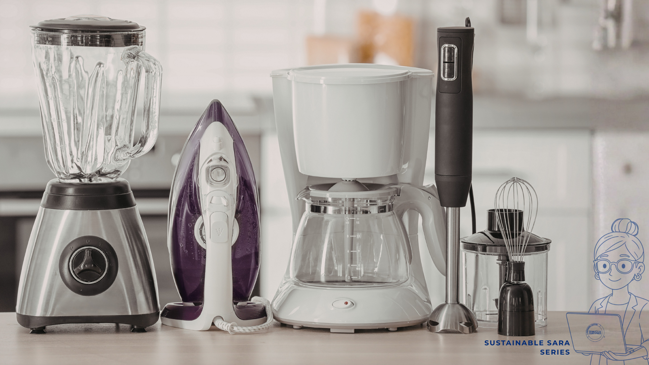 Small household appliances including a blender, iron, coffee maker, immersion blender, and food chopper displayed on a kitchen countertop