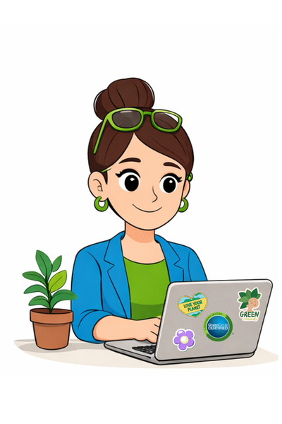 Sustainable Sara character working on laptop smiling
