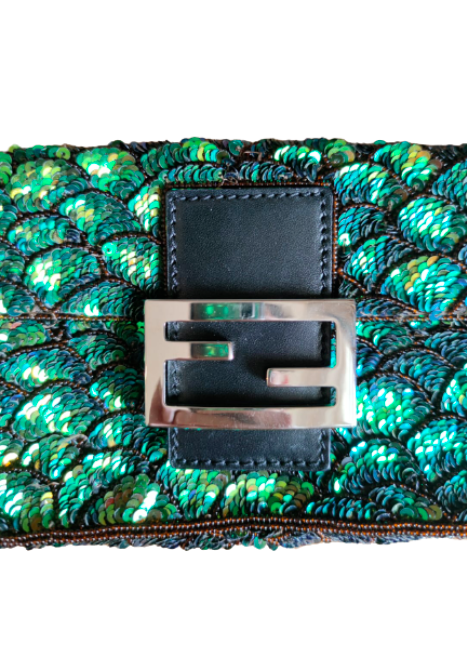 Fendi Green & Multicolor Sequin Baguette QBB0472MMB010