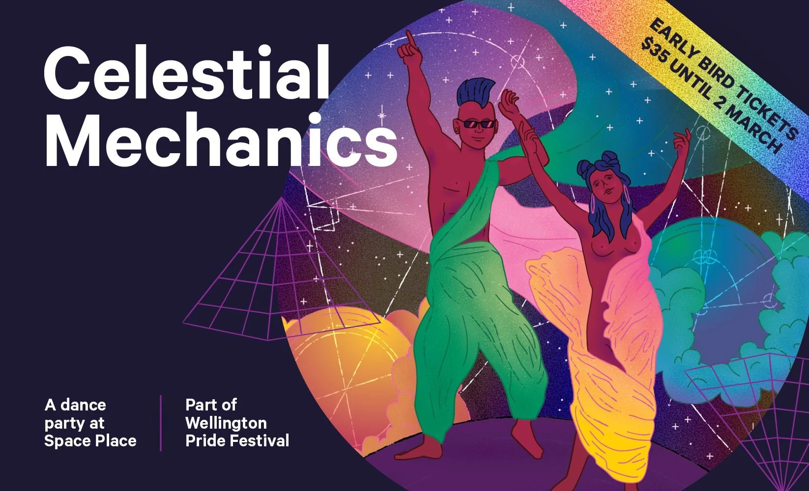 Illustration of two people dancing with floaty colourful outfits. Text reads Celestial Mechanics