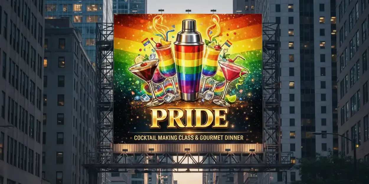 A bright billboard against a dull city background. Billboard has rainbow cocktail shakers and drinks, with text: PRIDE cocktail making class and gourmet dinner