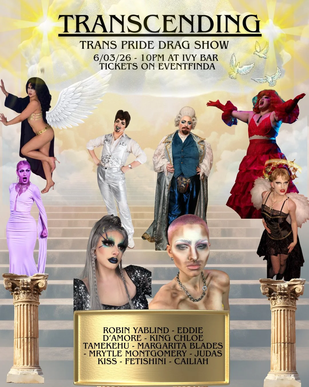 Images of the various drag performers together along with a list of their names (In text below)