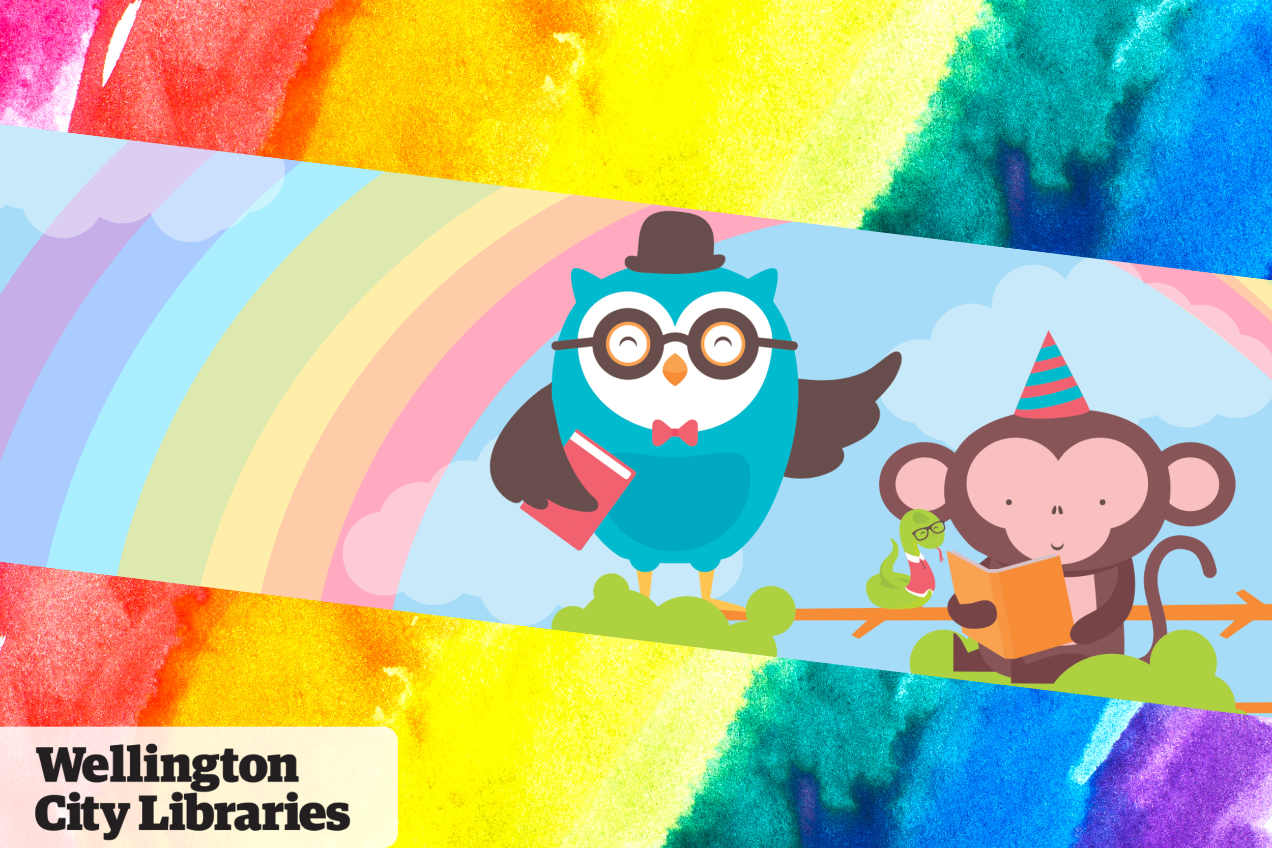 An owl and a monkey read on a rainbow