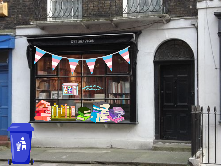 A doctored image of the Black Books shop with rainbow books piled in its entrance
