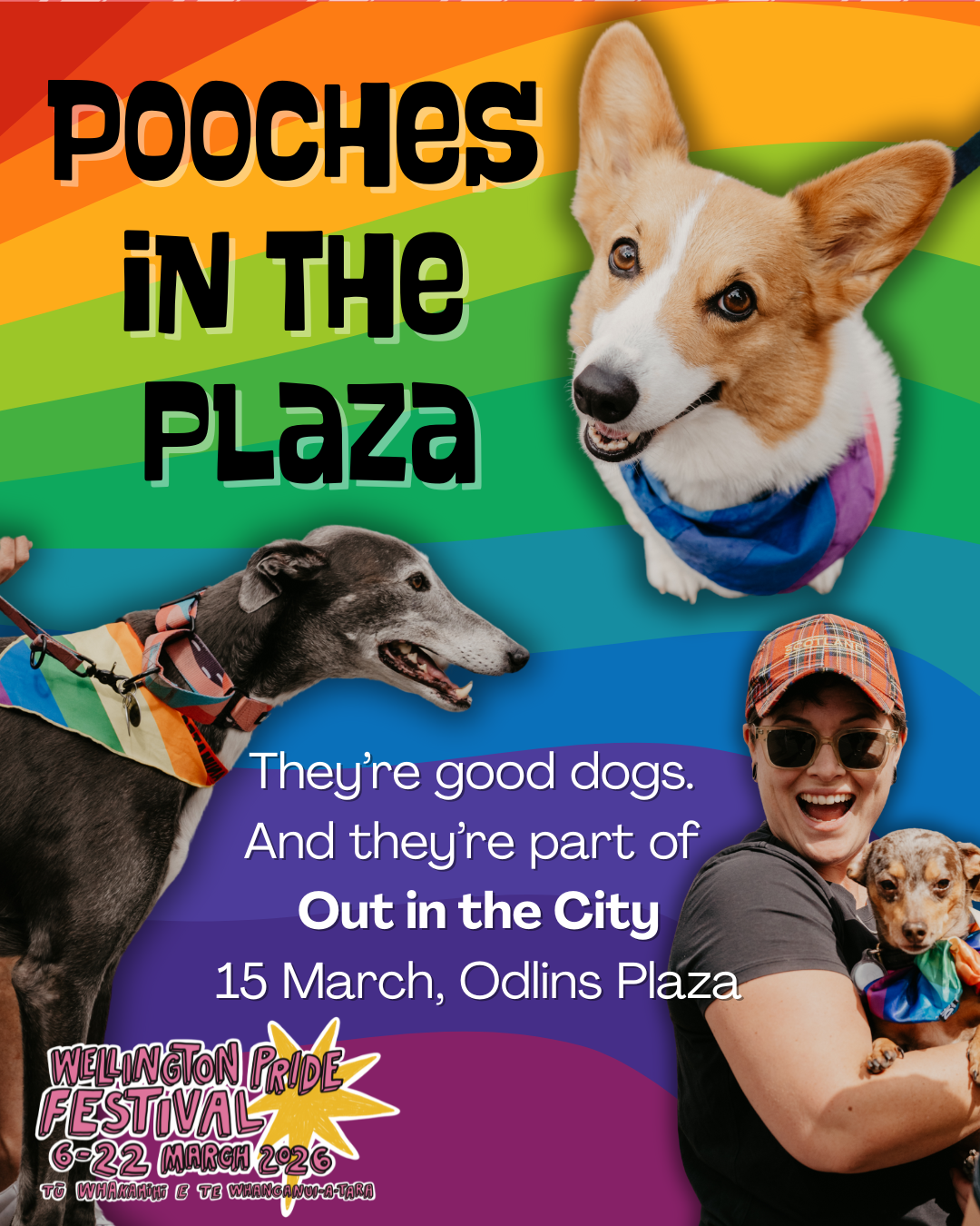 Pooches in the Plaza poster with dogs in rainbow bandanas on a rainbow background and words that say "They're good dogs. And they're at Out in the City on 15 March"