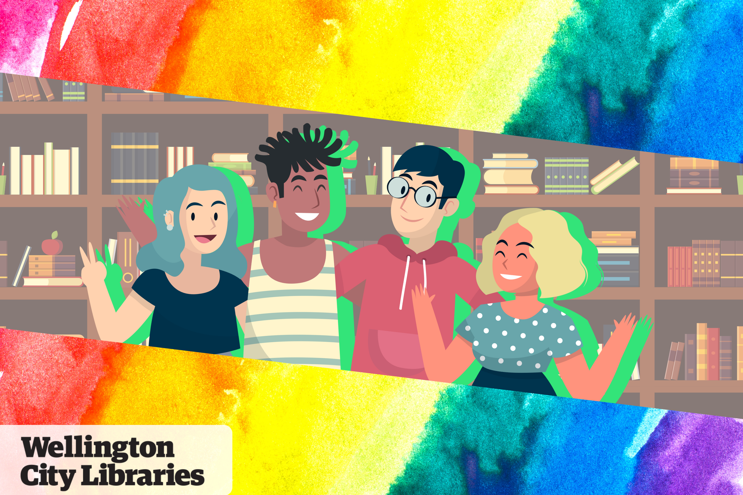 A cartoon-style illustration of four young people smiling and waving