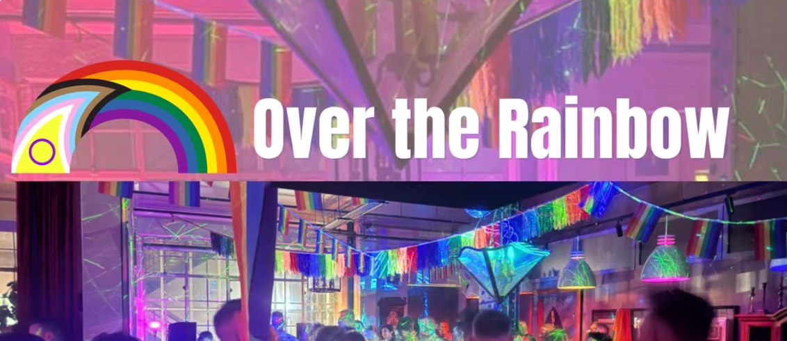 Image with a progressive Pride flag in the shape of a rainbow, and a photo of someone's house with a party happening in it