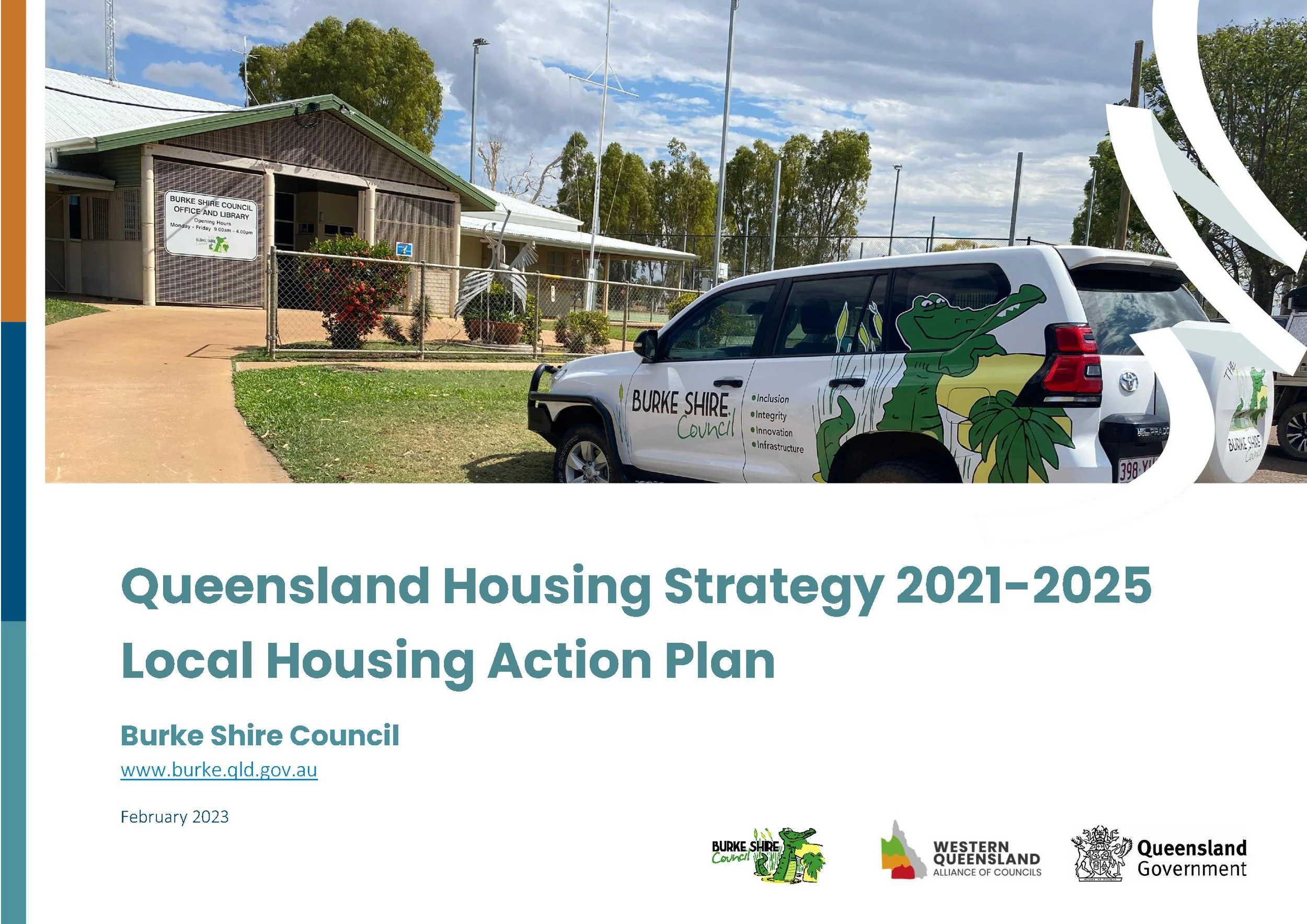 Cover page of the Queensland Housing Strategy 2021-2025 and Local Housing Action Plan, featuring a community center building with a sign indicating Burke Shire Council Office and Library hours, a white council vehicle with green mascot art, logos of Burke Shire, Western Queensland Alliance of Councils, and Queensland Government, along with a website URL and date of February 2023.