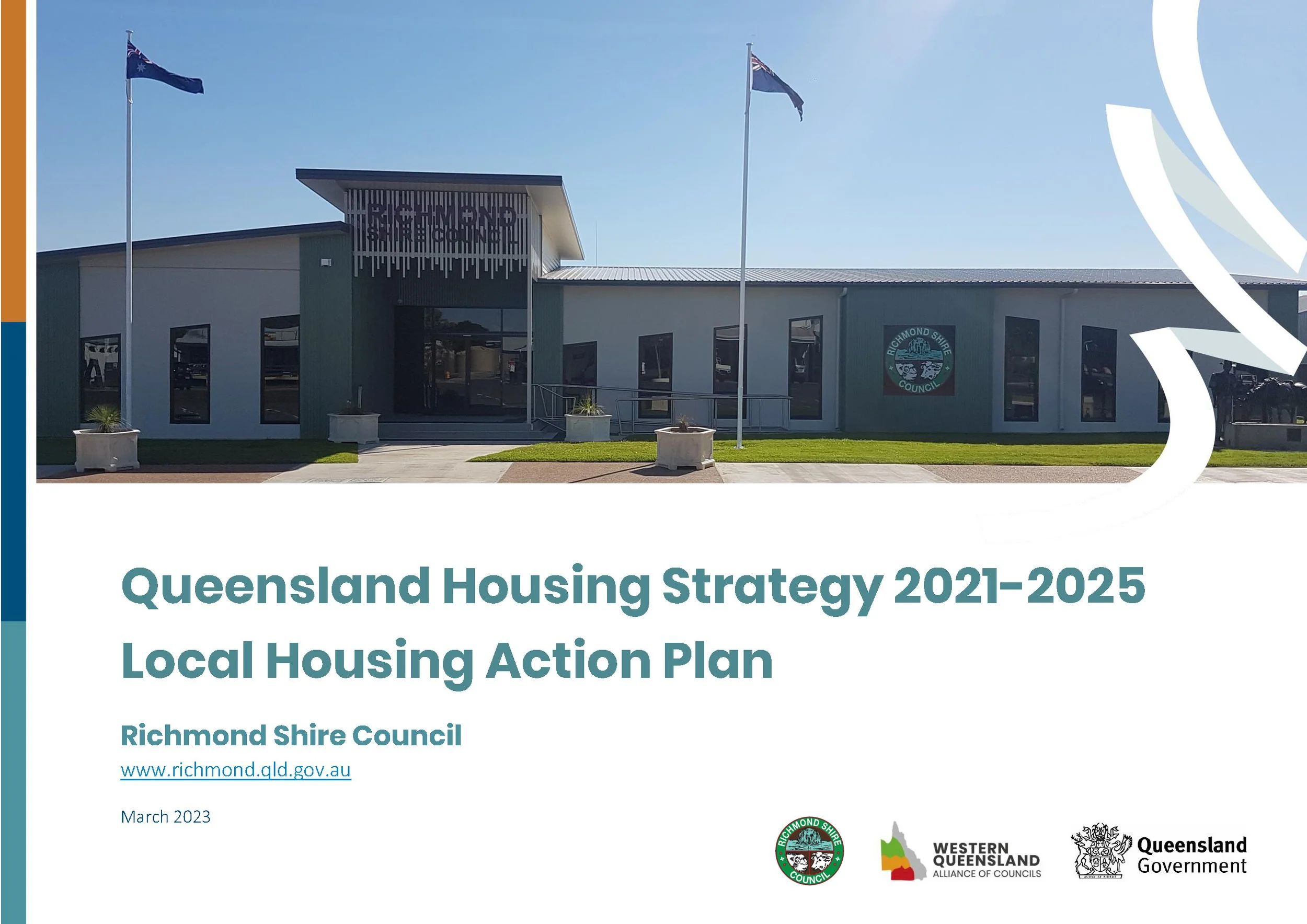 Cover page of the Queensland Housing Strategy 2021-2025 Local Housing Action Plan, issued by Richmond Shire Council, featuring a modern building with two Australian flags on flagpoles, the council emblem, and logos of related organizations.