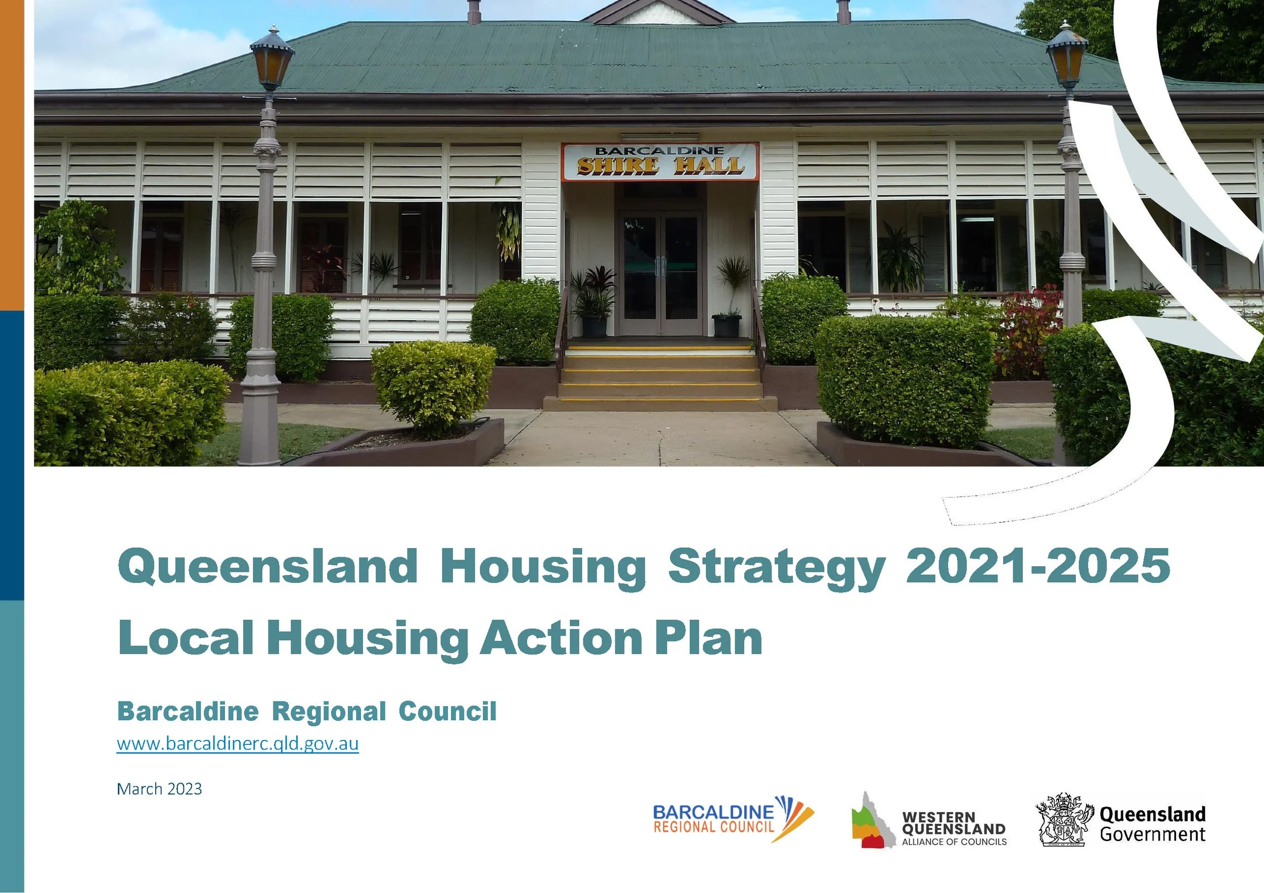 Cover of a report titled 'Queensland Housing Strategy 2021-2025: Local Housing Action Plan,' showing a white building with a green roof and decorative street lamps outside. The report is from the Barcaldine Regional Council, Queensland Government, Western Queensland Alliance of Councils, and includes the websites and logos of these organizations.