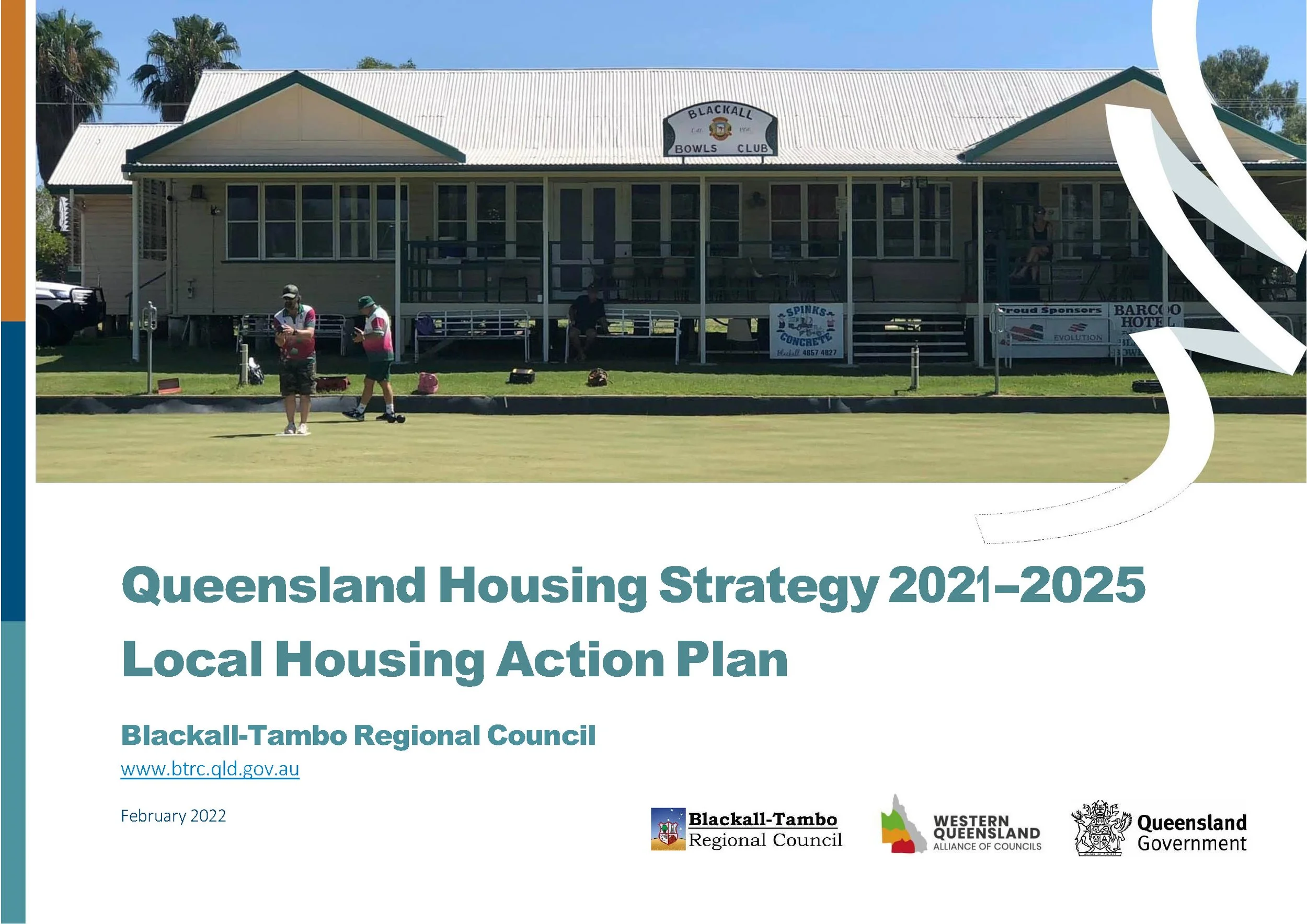 Cover page of a report titled 'Queensland Housing Strategy 2021-2025 and Local Housing Action Plan' by Blackall-Tambo Regional Council, featuring a photo of a building with a sign that reads 'Blackall Bowls Club' and people playing lawn bowls in the foreground.