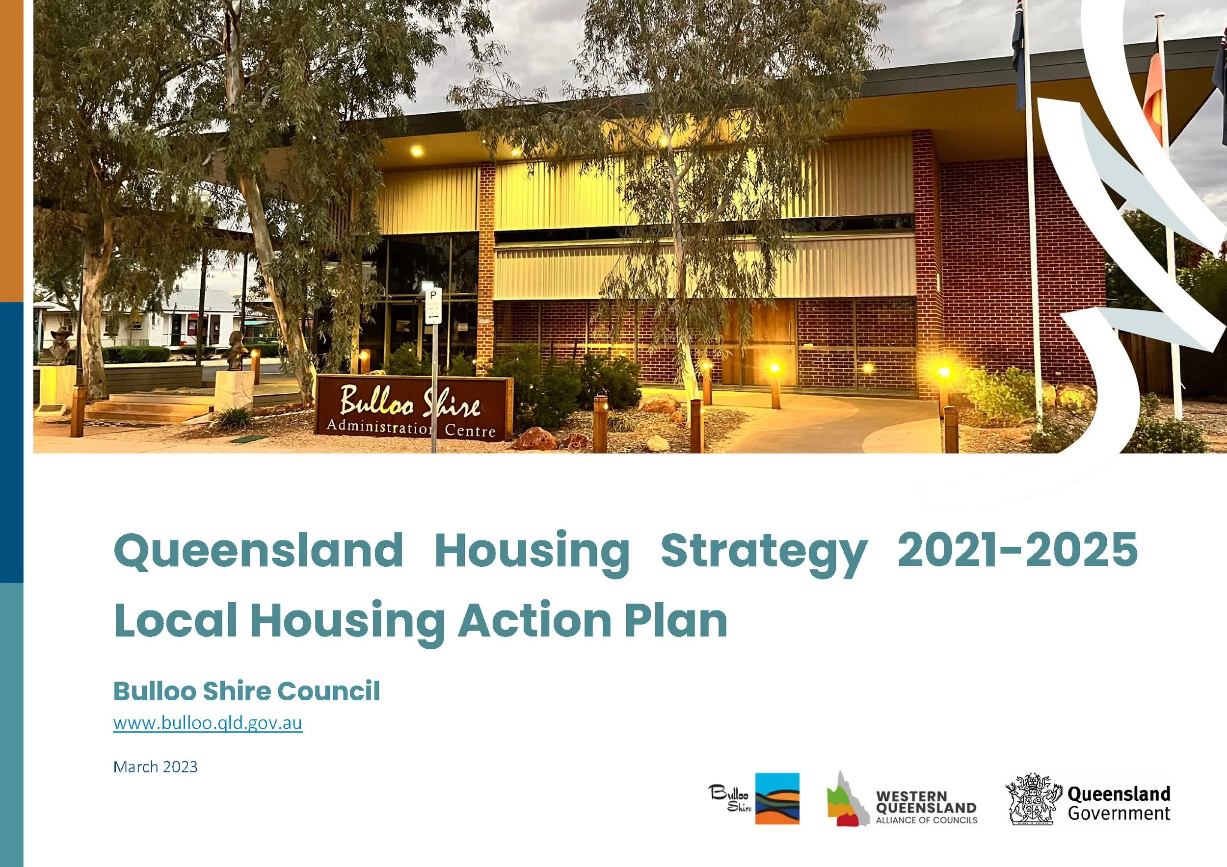 Cover page of a report titled 'Queensland Housing Strategy 2021-2025: Local Housing Action Plan' by Bulloo Shire Council, featuring a building with trees and flags in front and logos of Bulloo Shire, Western Queensland Alliance of Councils, Queensland Government, and other entities.