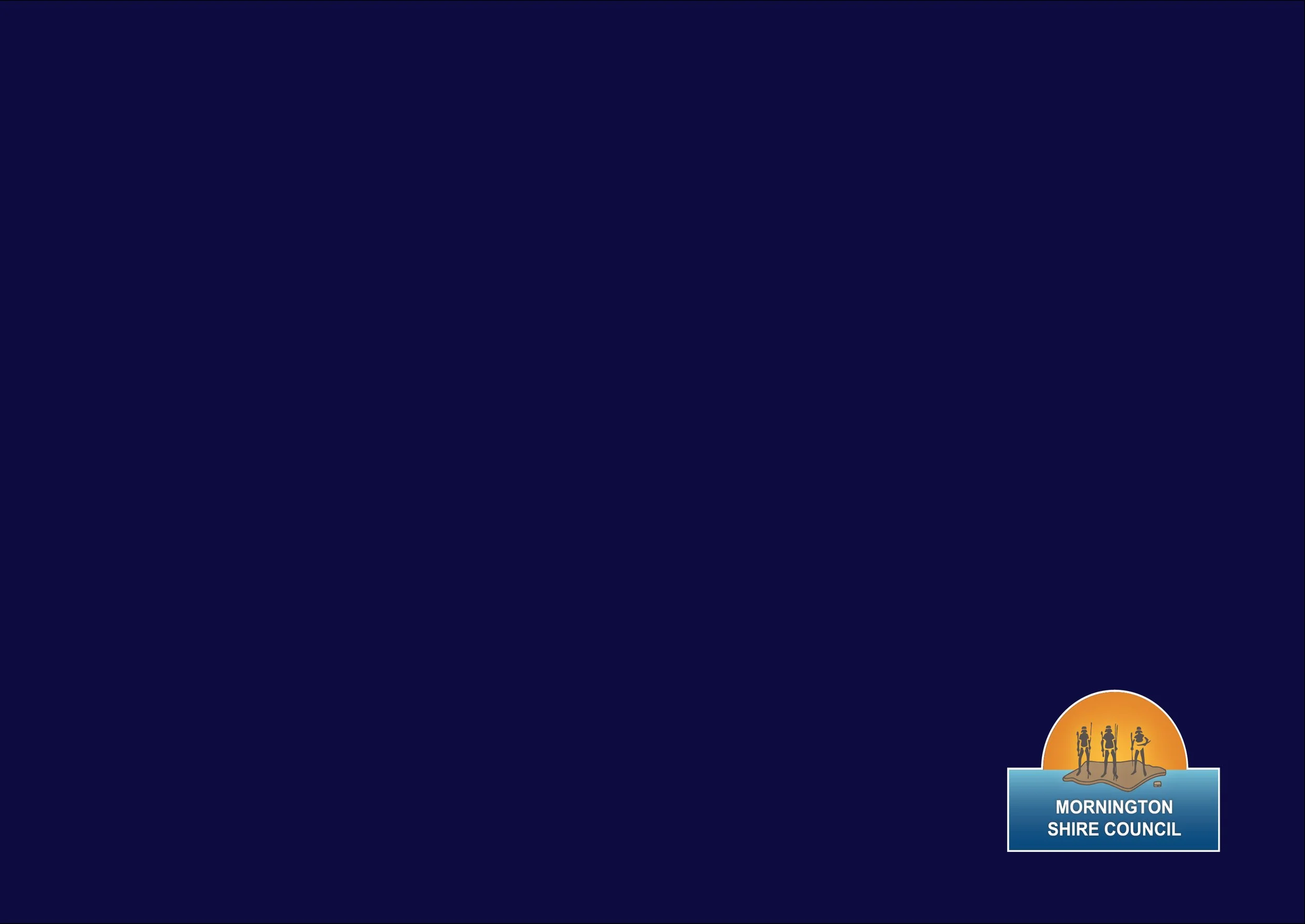 Nighttime scene with a logo of Mornington Shire Council featuring three people standing on an island with a sunset or sunrise in the background.