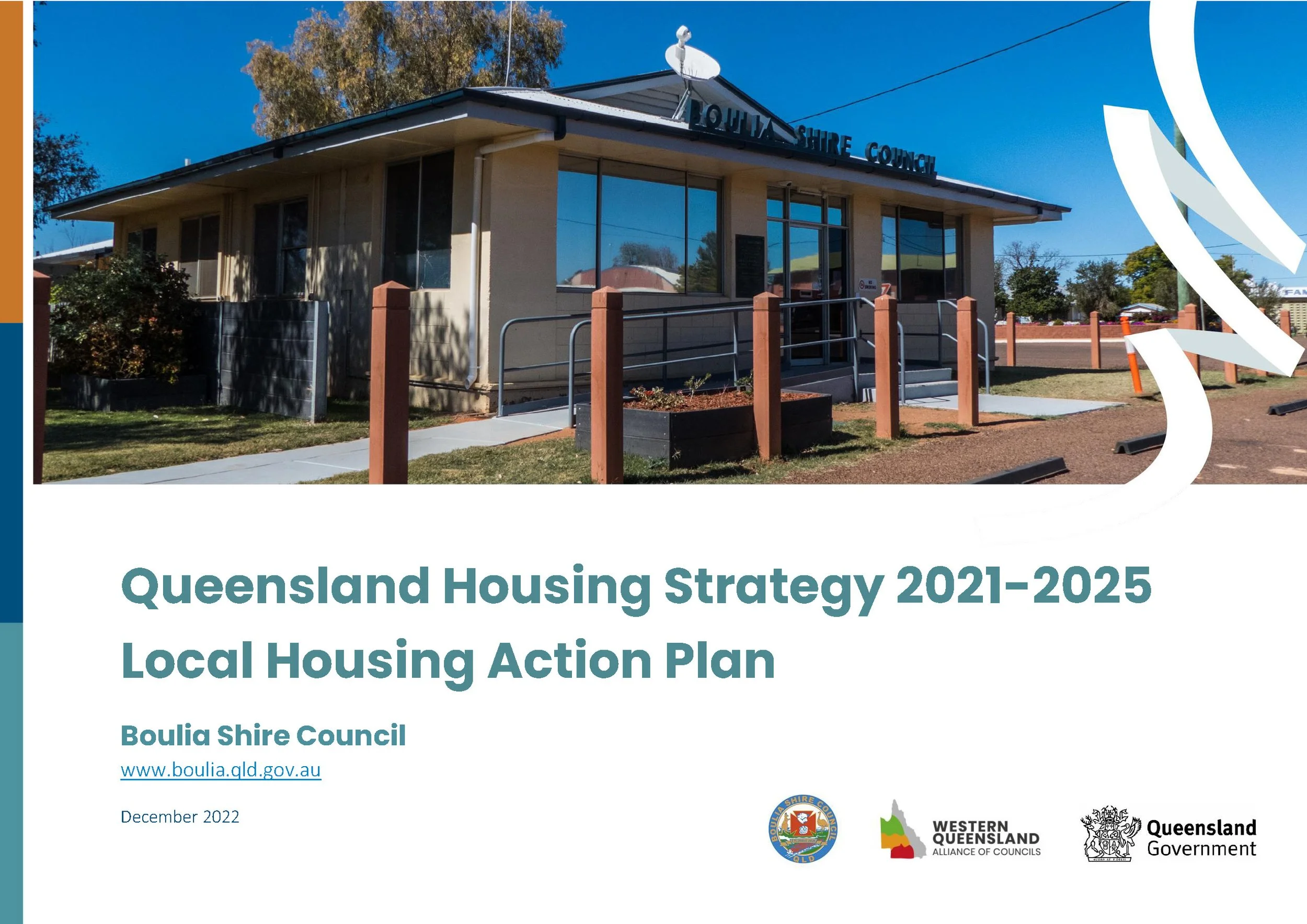 Cover page of a report titled 'Queensland Housing Strategy 2021-2025: Local Housing Action Plan' with a building and logo on the top right side, and logos of various Queensland government organizations at the bottom.