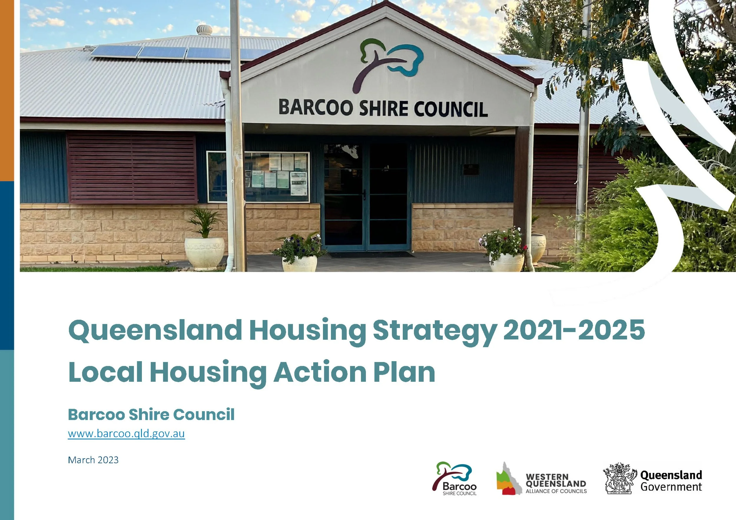 Cover page of a document titled "Queensland Housing Strategy 2021-2025 Local Housing Action Plan" with an image of a council building labeled "Barcoo Shire Council", and logos of Barcoo Shire Council, Western Queensland Alliance of Councils, Queensland Government, and other entities.