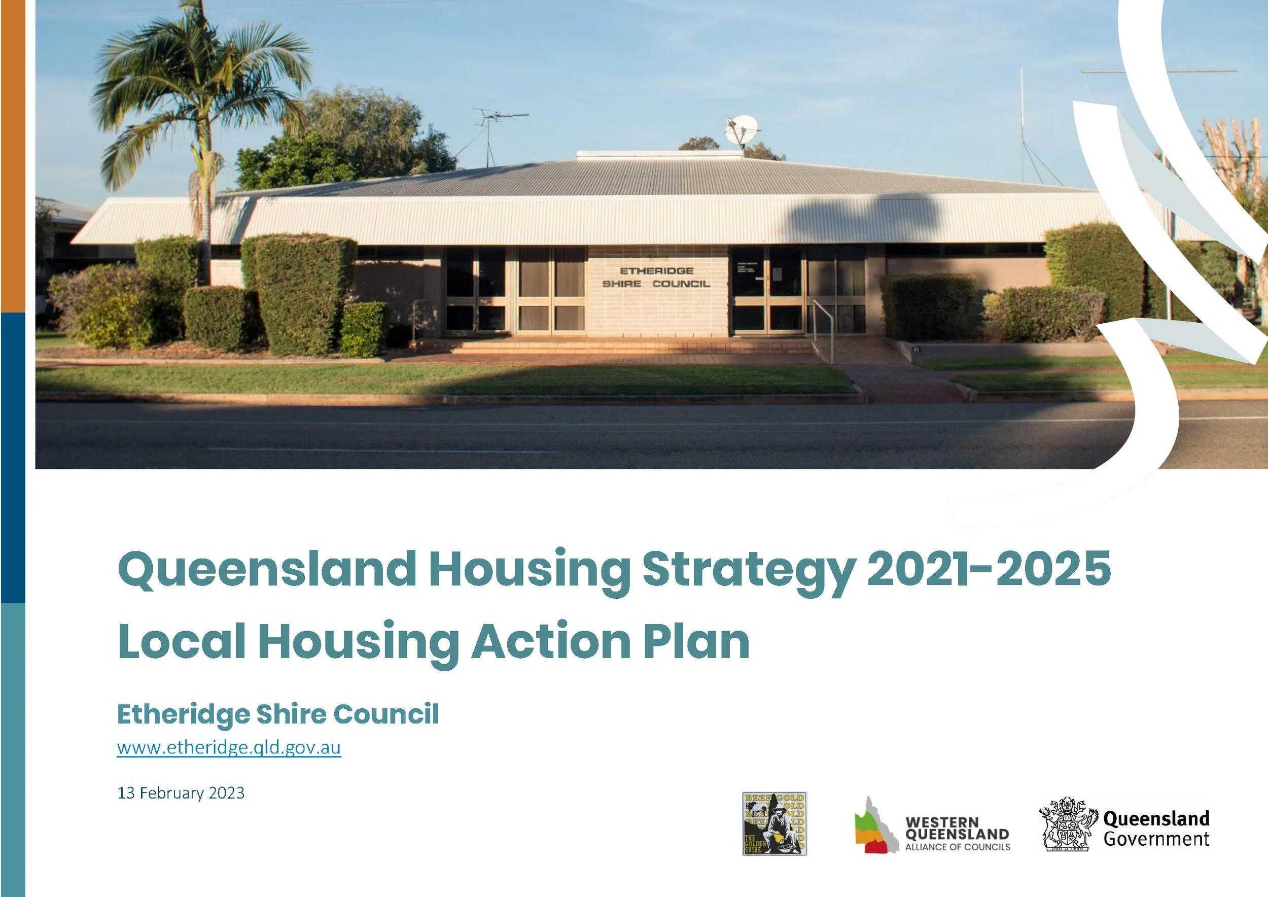 Cover page of a report titled 'Queensland Housing Strategy 2021-2025 Local Housing Action Plan' by Etheridge Shire Council. The cover features a photo of the Etheridge Shire Council building with greenery and a blue sky. The logos of Western Queensland Alliance of Councils, Queensland Government, and other organizations are at the bottom.