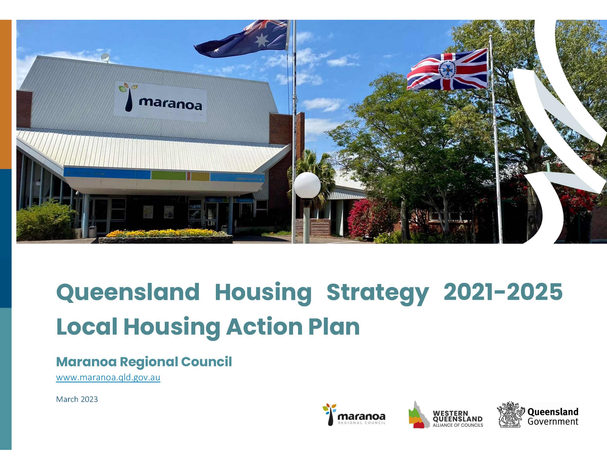 Cover page of a report titled 'Queensland Housing Strategy 2021-2025' from Maranoa Regional Council, showing the Maranoa logo and the Queensland Government logo, with flags of Australia and Queensland flying in front of a building under a blue sky with clouds.