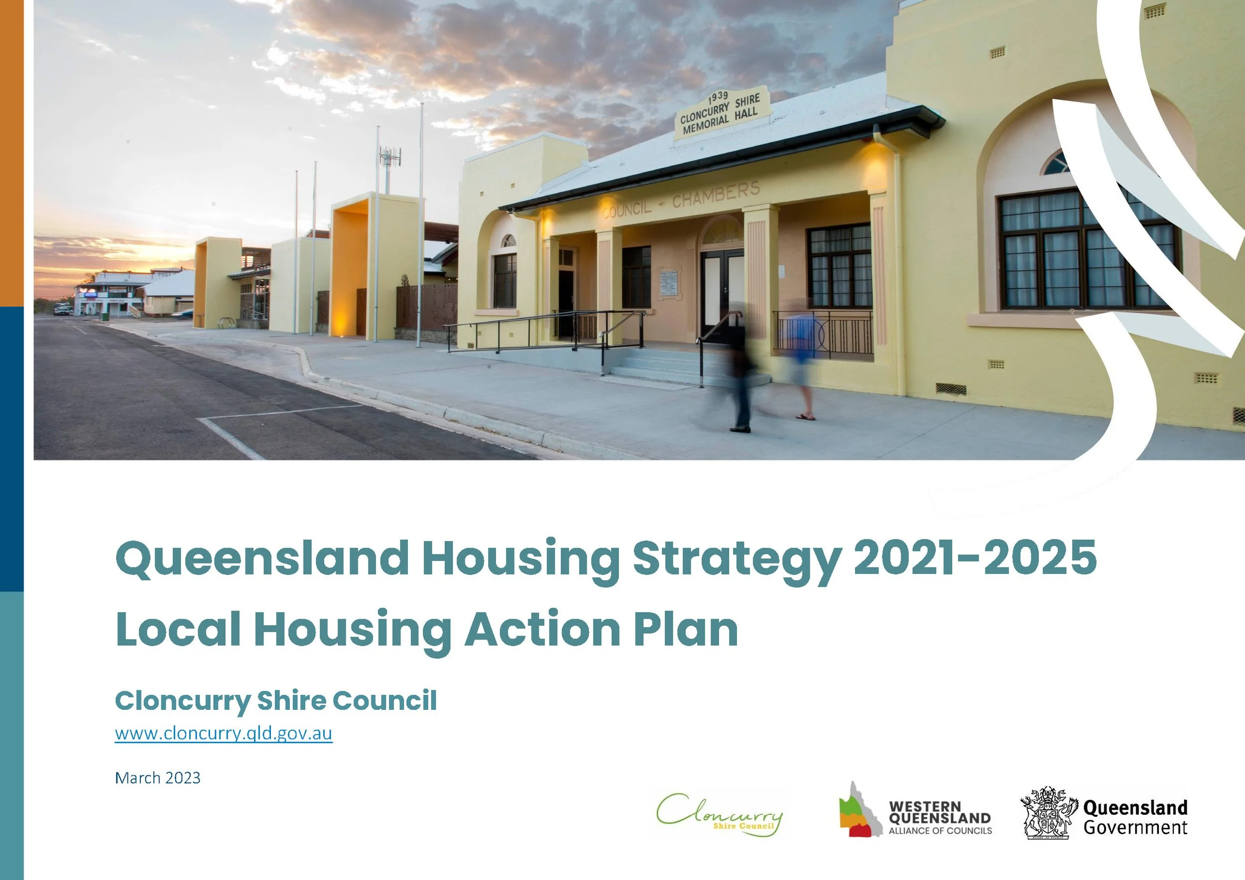 Cover page of the Queensland Housing Strategy 2021-2025, Local Housing Action Plan, showing a street with buildings, around sunset, and a partly cloudy sky.