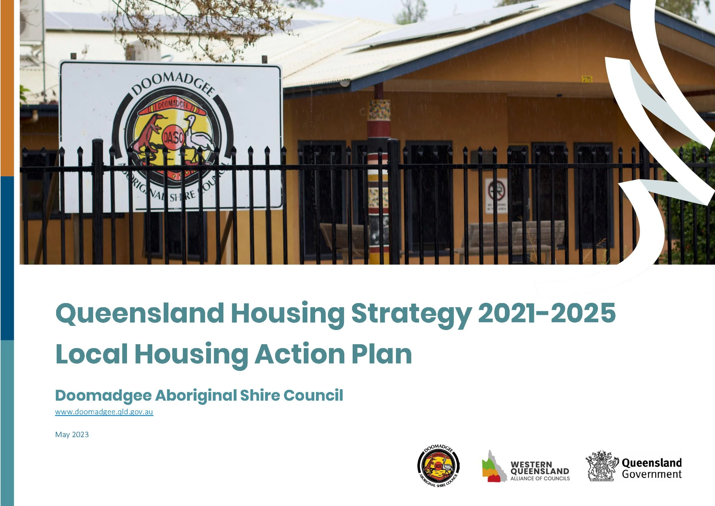 Cover page of a document titled "Queensland Housing Strategy 2021-2025 and Local Housing Action Plan" by the Doomadgee Aboriginal Shire Council, with logos of various councils and the Queensland Government, showing a building with a metal roof and a sign with the Doomadgee logo.