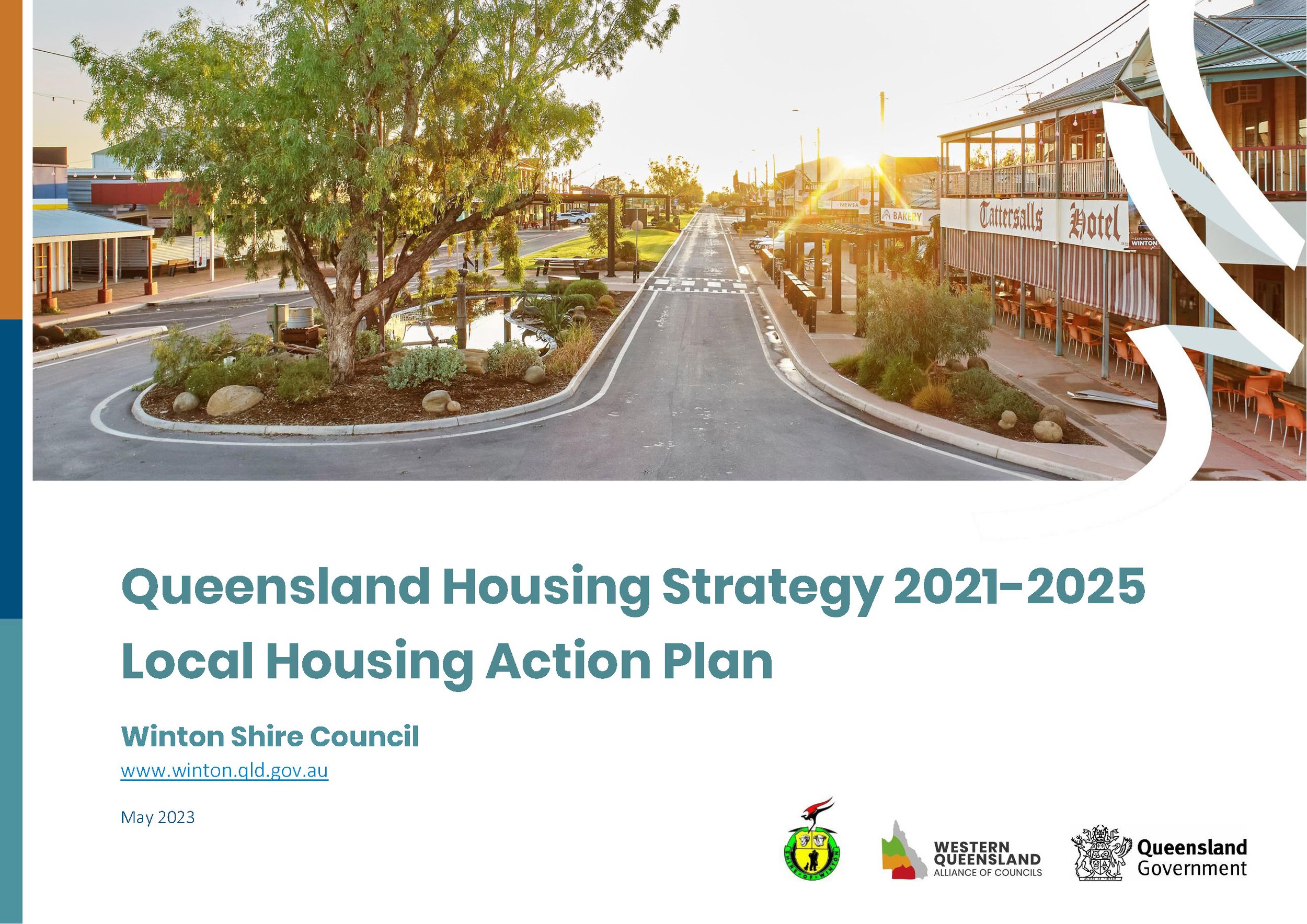 Cover page of a report titled 'Queensland Housing Strategy 2021-2025 Local Housing Action Plan' published by Winton Shire Council, showing a street scene with buildings, a tree, and the setting sun.