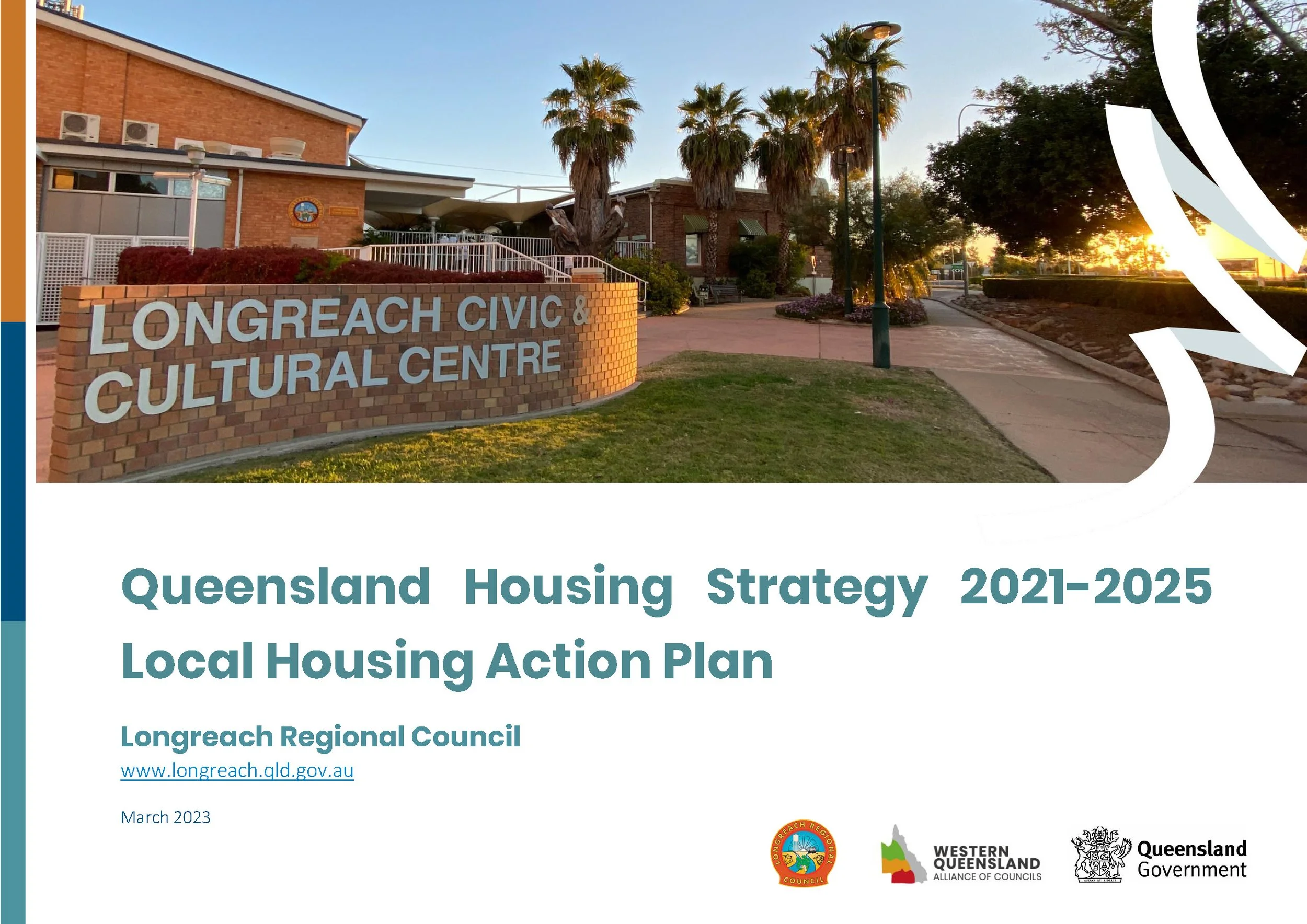 Cover page of Queensland Housing Strategy 2021-2025 titled 'Longreach Civic & Cultural Centre' with a photo of the building, palm trees, and a sunset in Longreach, Queensland, Australia.
