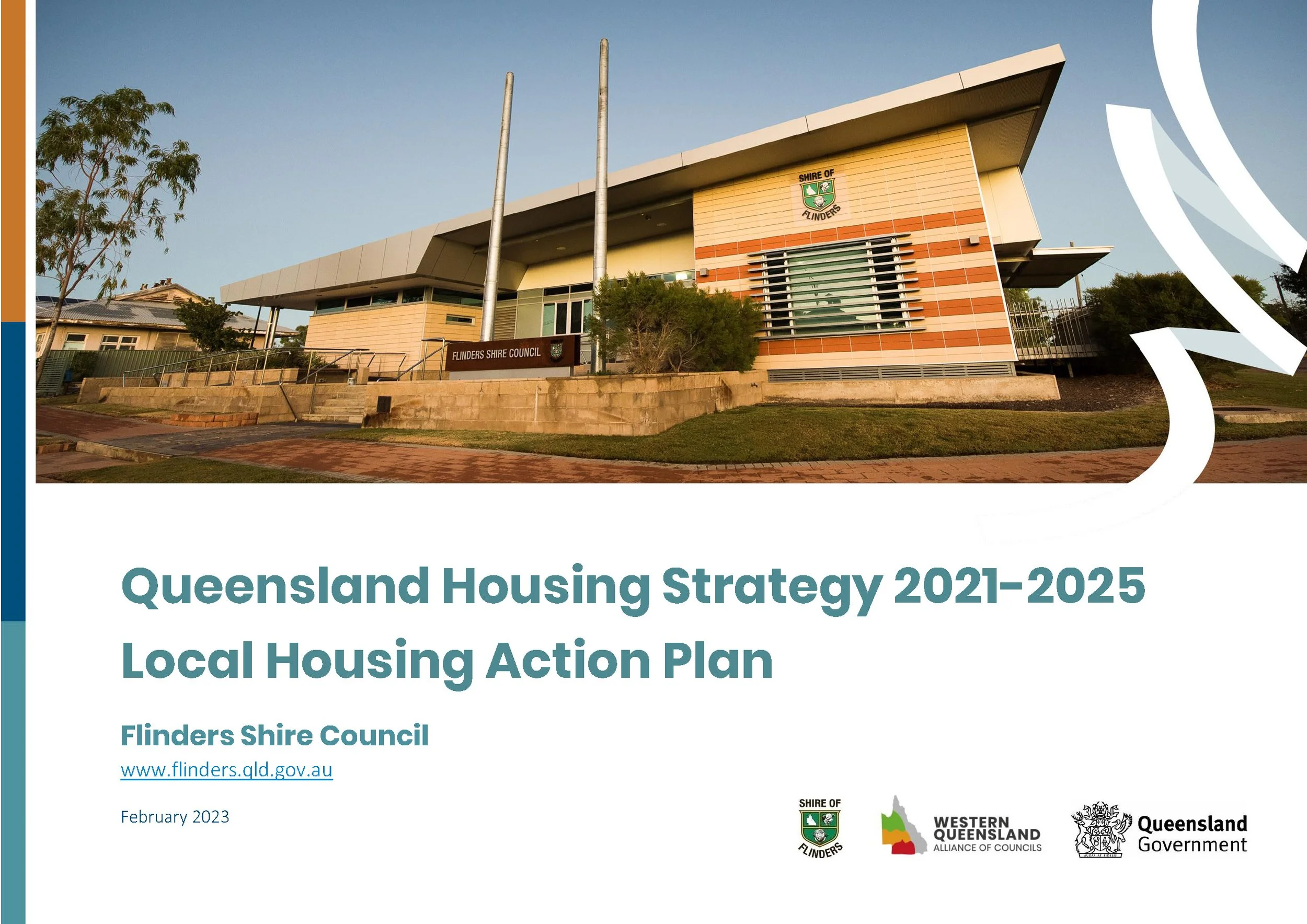 Cover page of a report titled 'Queensland Housing Strategy 2021-2025, Local Housing Action Plan' featuring an image of a modern government building with the signage 'Flinders Shire Council' and logos of Queensland Government and related organizations.