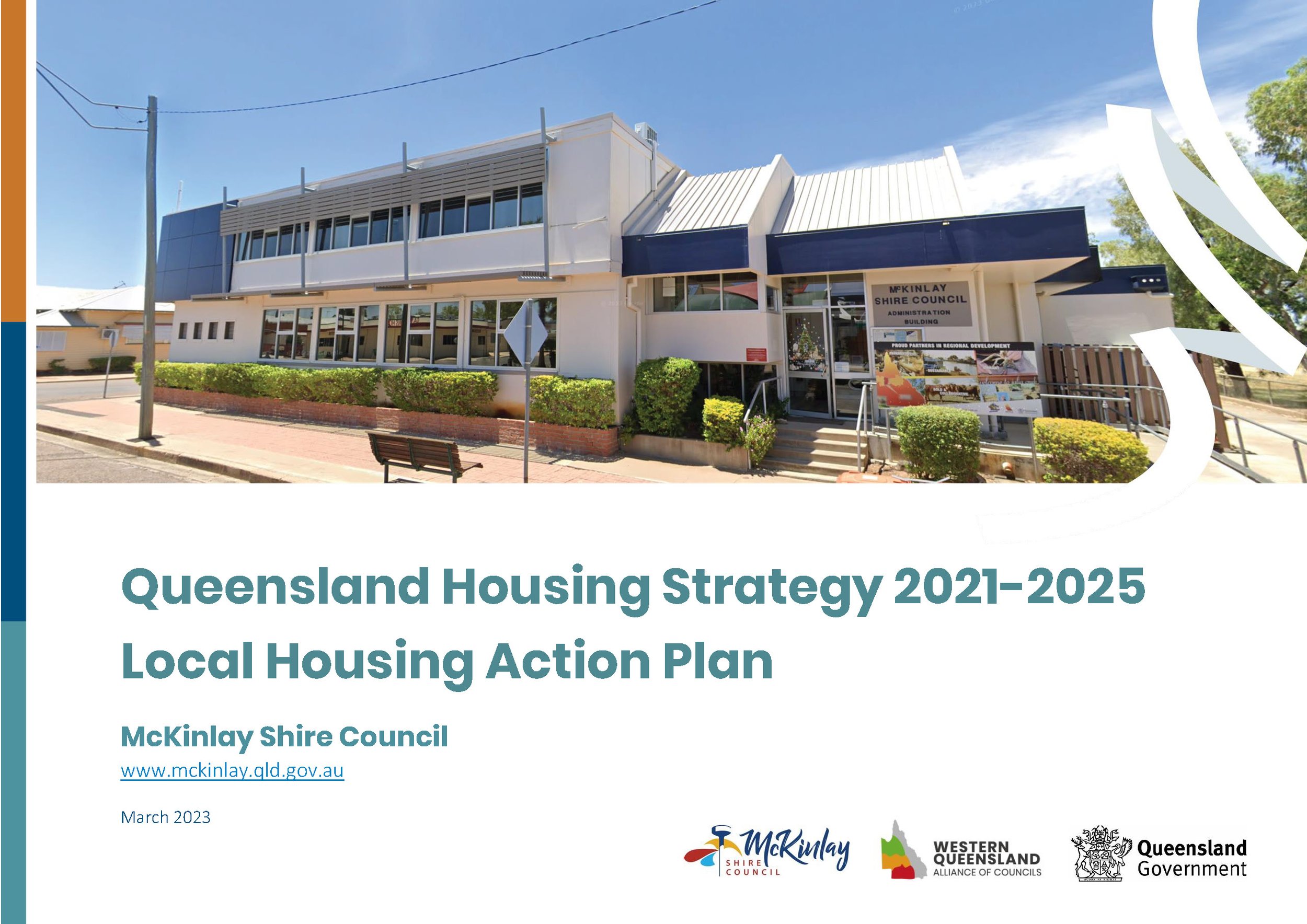 Cover of the Queensland Housing Strategy 2021-2025 Local Housing Action Plan document, showing a modern white building with a blue section, surrounded by greenery, with a clear blue sky.