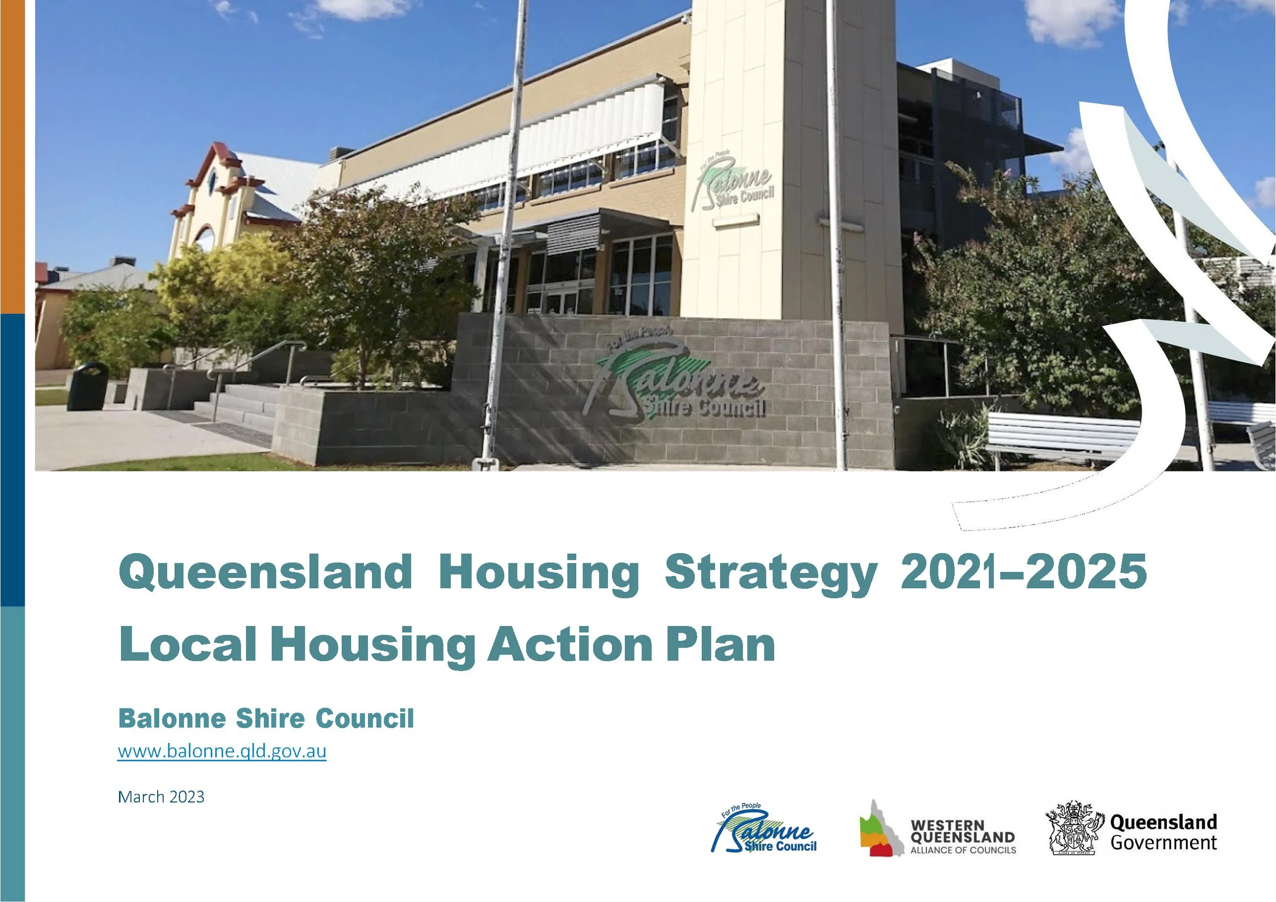Cover page of a report titled 'Queensland Housing Strategy 2021-2025: Local Housing Action Plan' with the Balonne Shire Council logo, a picture of a government building, and logos of Western Queensland Alliance of Councils, Queensland Government, and Queensland Shire Council.