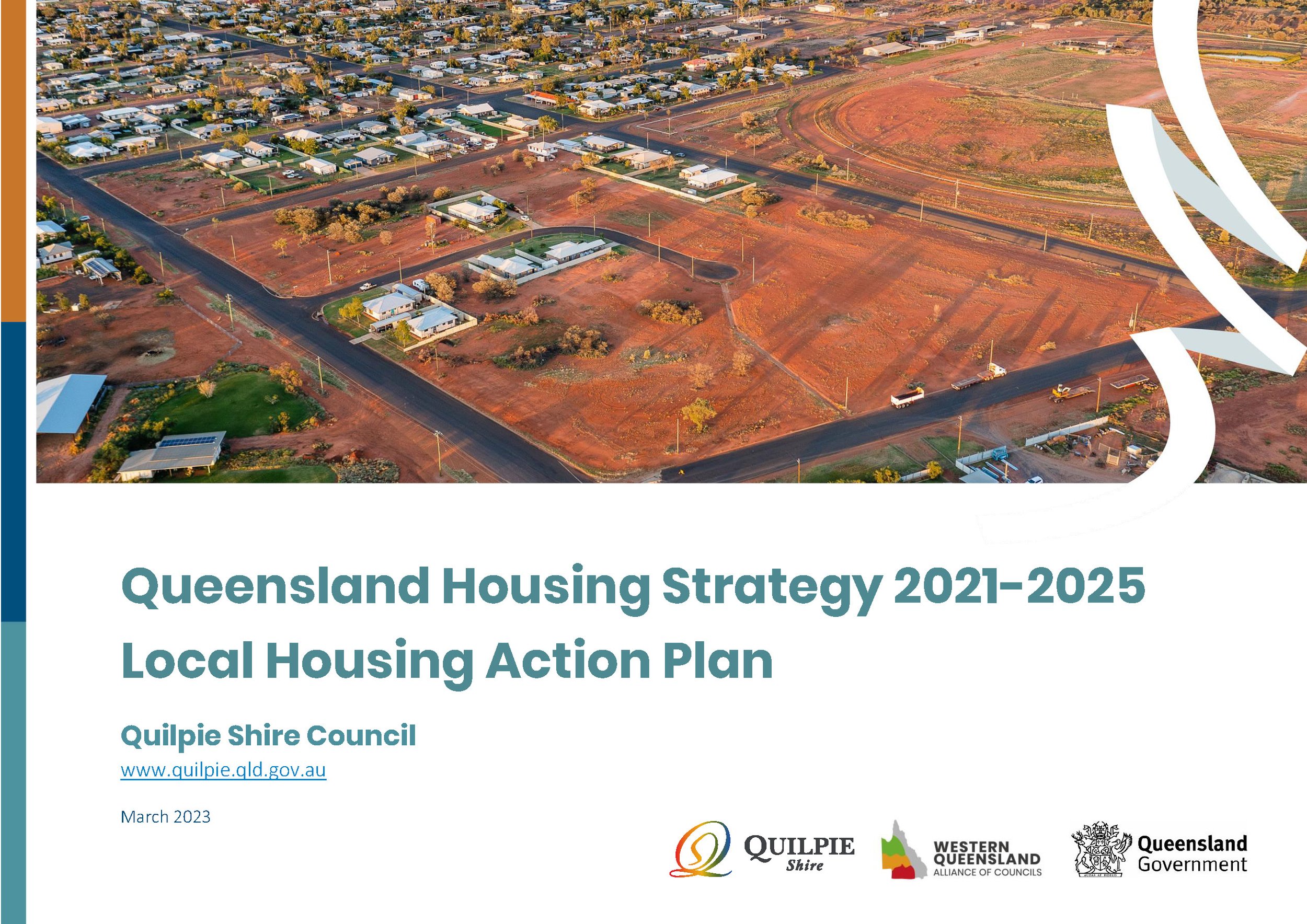 Cover page of a document titled 'Queensland Housing Strategy 2021-2025 Local Housing Action Plan' with an aerial view of a residential area, featuring houses, roads, and open land, along with logos and a website address at the bottom.