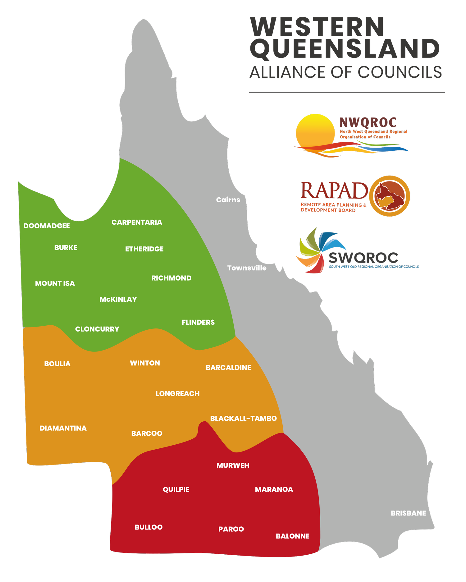 A map of the state of Queensland, Australia, showing its regional divisions with color-coded areas and labels for each region and city.