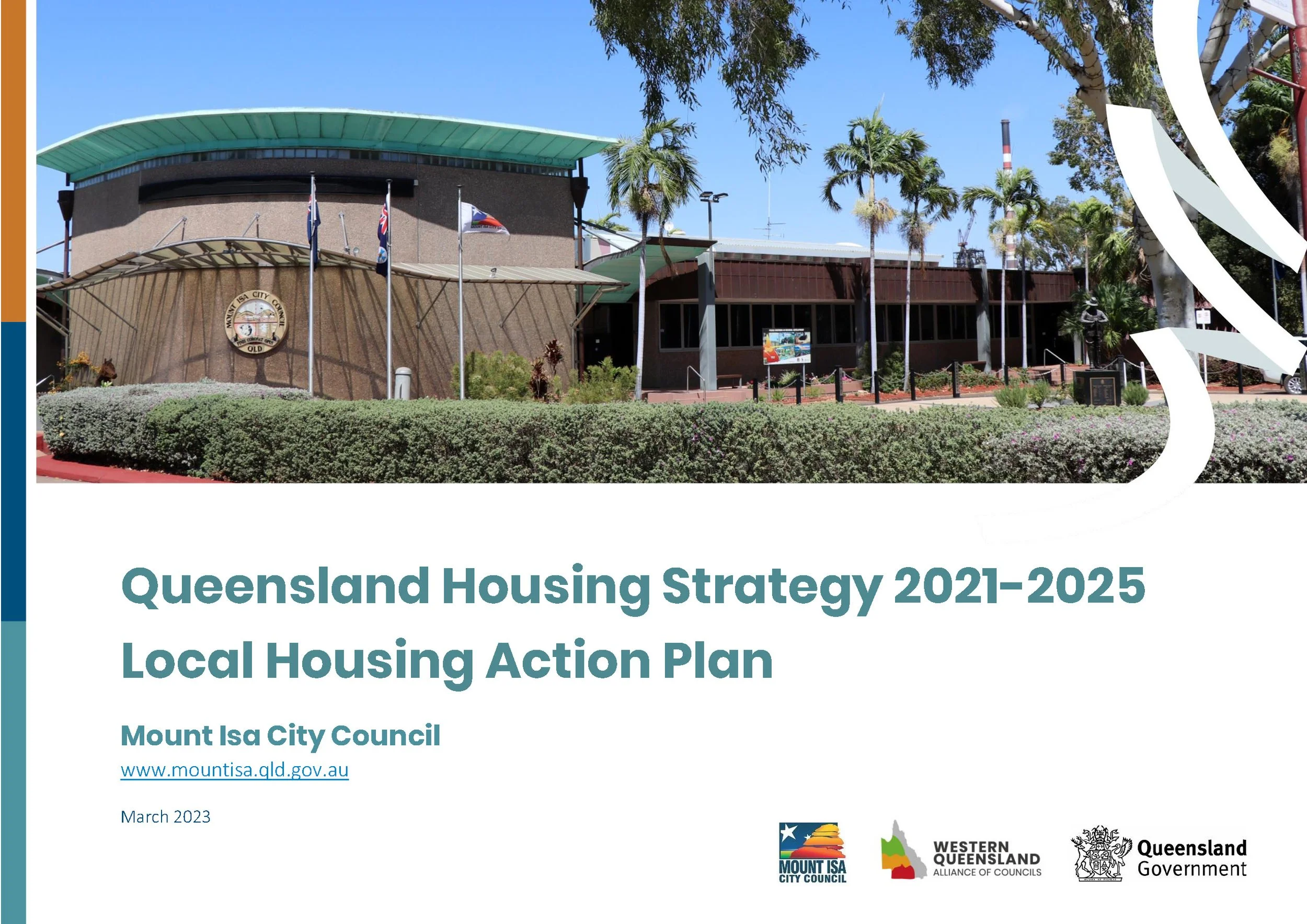 Cover page of the Queensland Housing Strategy 2021-2025 report by Mount Isa City Council, featuring a building with flags, greenery, and a partly cloudy blue sky.