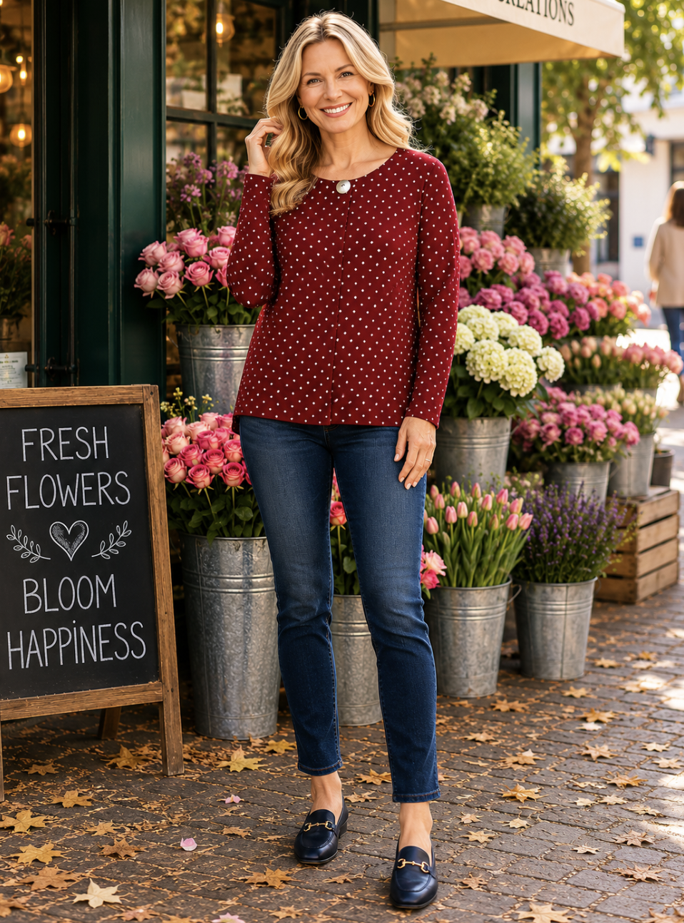 Red & White Polka Dot Button Pleat Long Sleeve Top | Sizes 8-18
